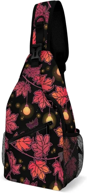 Pink Maple Leaves Garland Sling Bag for Men Women Autumn Fall Shoulder Backpack Chest Bags Crossbody Daypack for Hiking Camping Outdoor Trip
