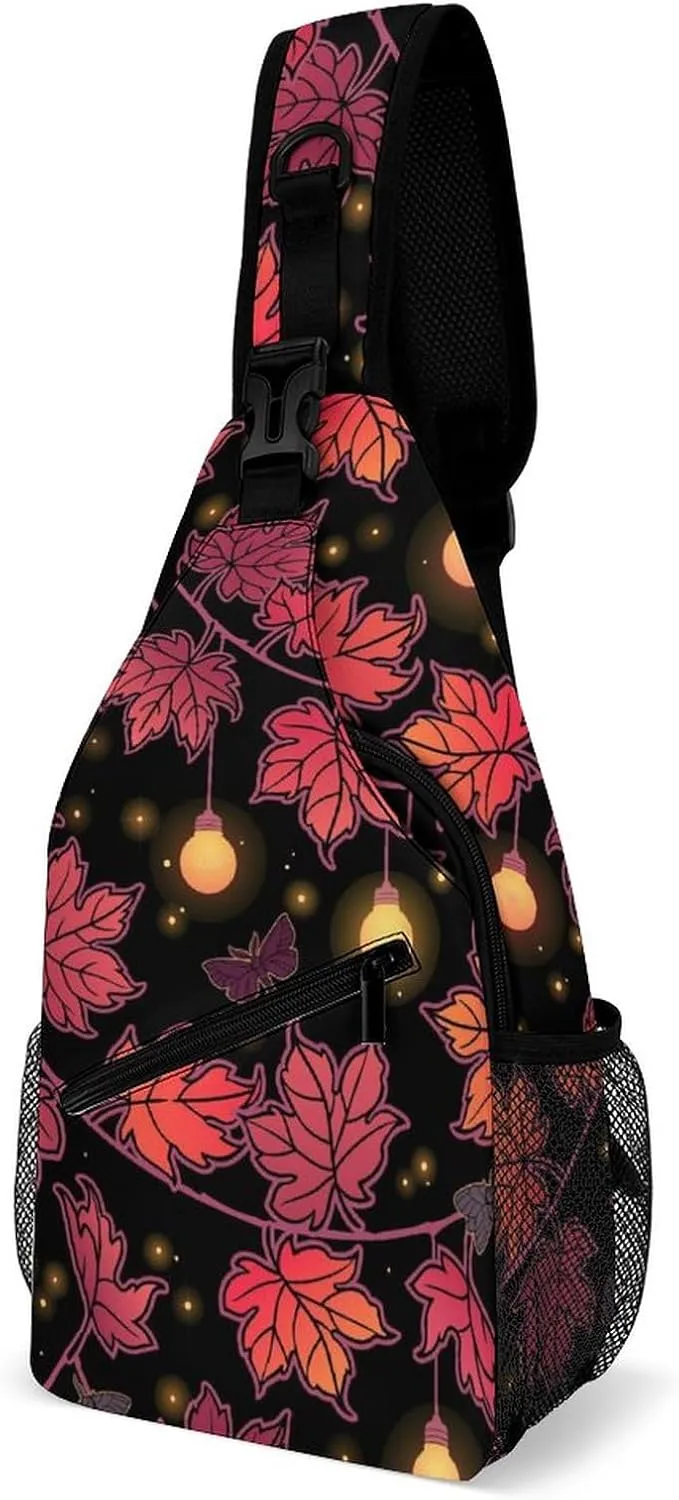 Pink Maple Leaves Garland Sling Bag for Men Women Autumn Fall Shoulder Backpack Chest Bags Crossbody Daypack for Hiking Camping Outdoor Trip