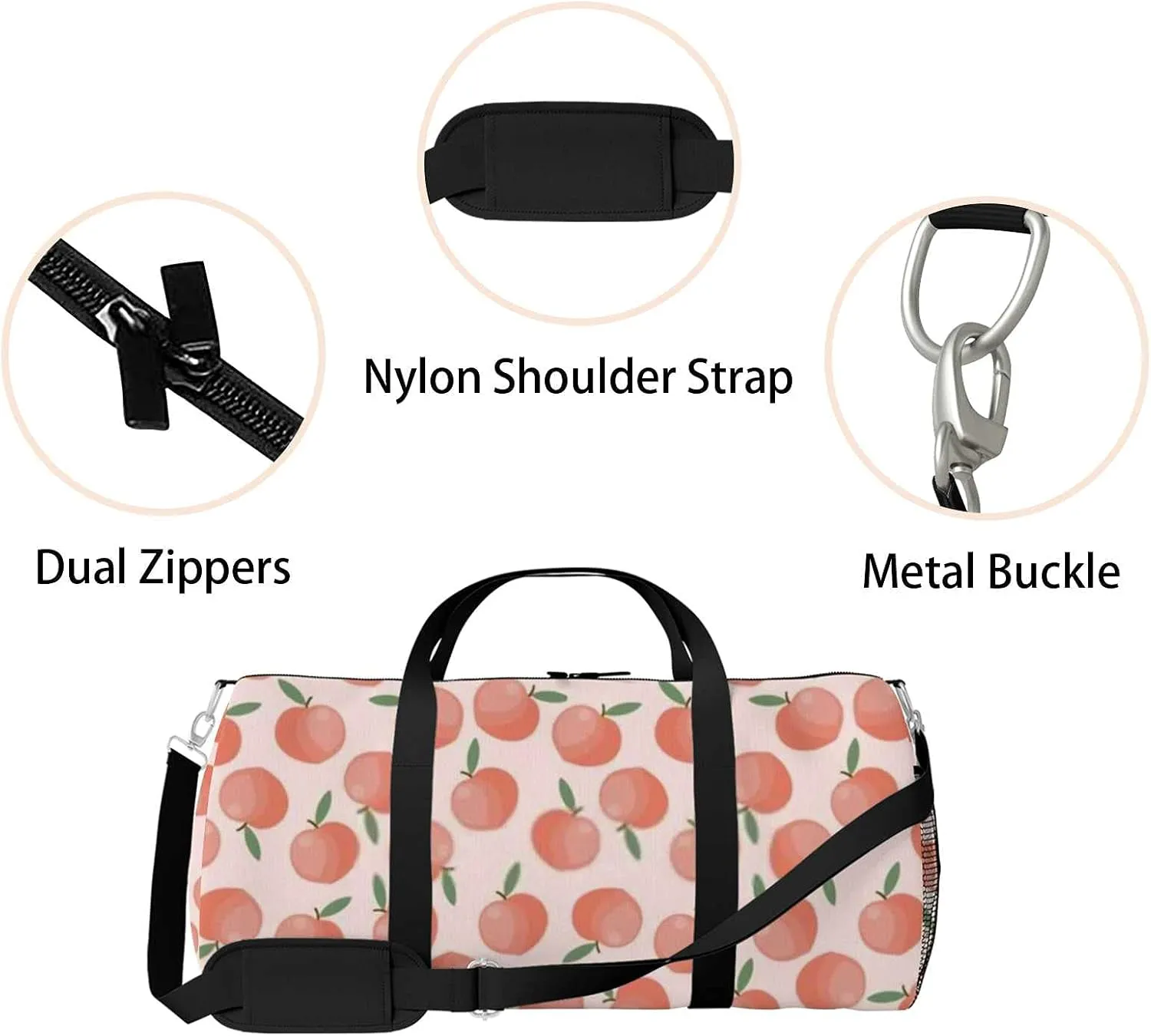 Pink Peach with Leaves Sports Duffel Bag Travel Gym Tote Bags Lightweight Durable Shoulder Strap Waterproof Polyester Outside Mesh Pocket Overnight Trip Duffel Bag for Women Men