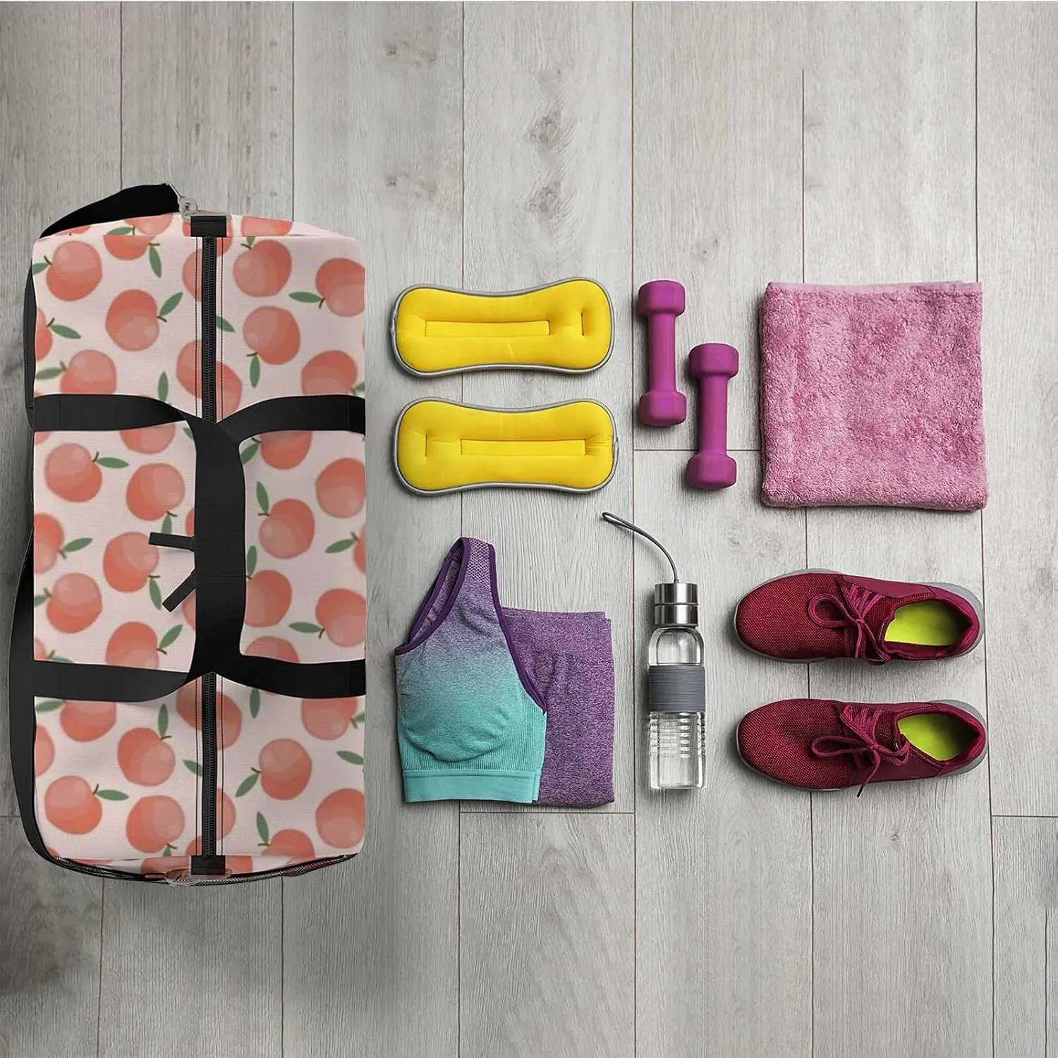 Pink Peach with Leaves Sports Duffel Bag Travel Gym Tote Bags Lightweight Durable Shoulder Strap Waterproof Polyester Outside Mesh Pocket Overnight Trip Duffel Bag for Women Men