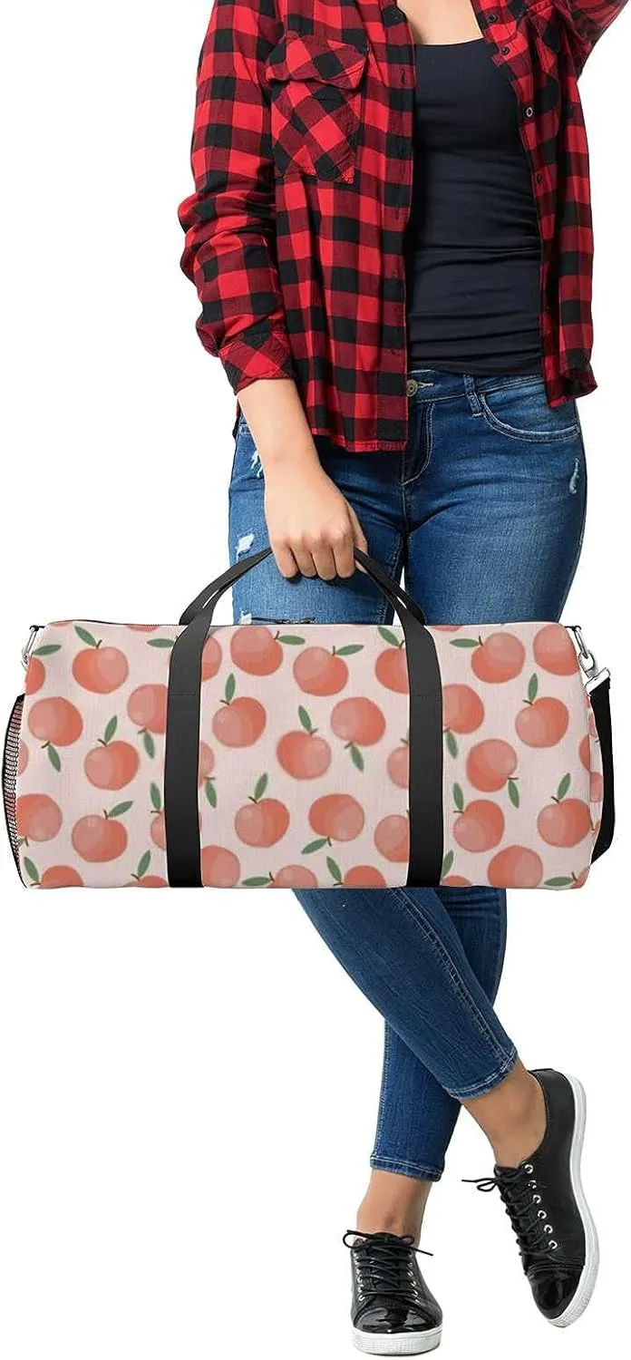 Pink Peach with Leaves Sports Duffel Bag Travel Gym Tote Bags Lightweight Durable Shoulder Strap Waterproof Polyester Outside Mesh Pocket Overnight Trip Duffel Bag for Women Men