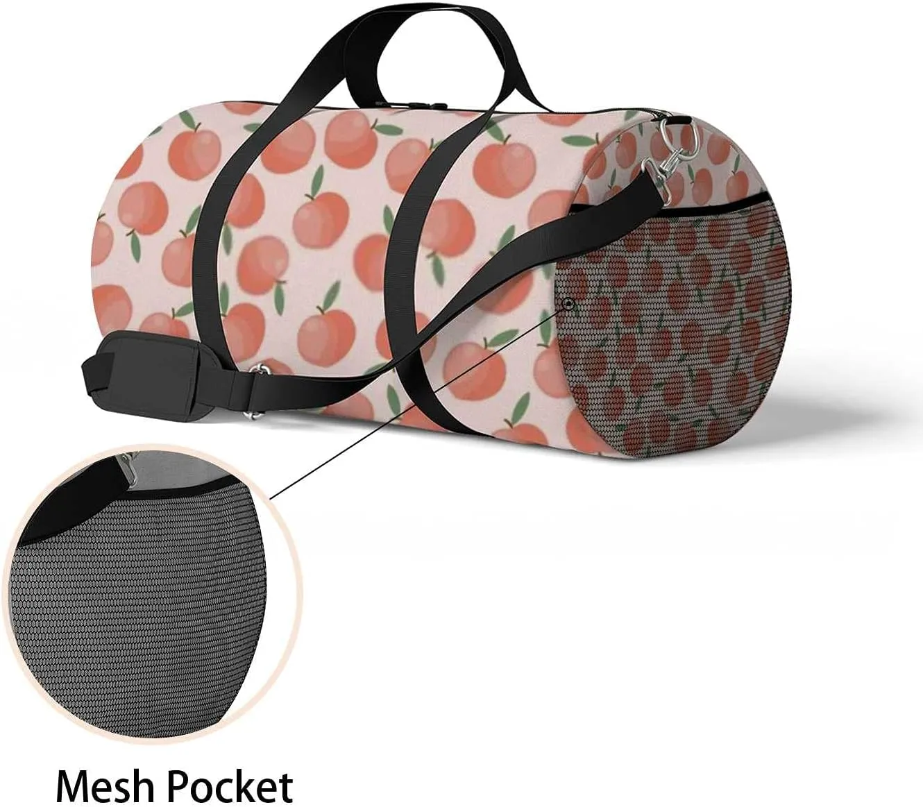 Pink Peach with Leaves Sports Duffel Bag Travel Gym Tote Bags Lightweight Durable Shoulder Strap Waterproof Polyester Outside Mesh Pocket Overnight Trip Duffel Bag for Women Men