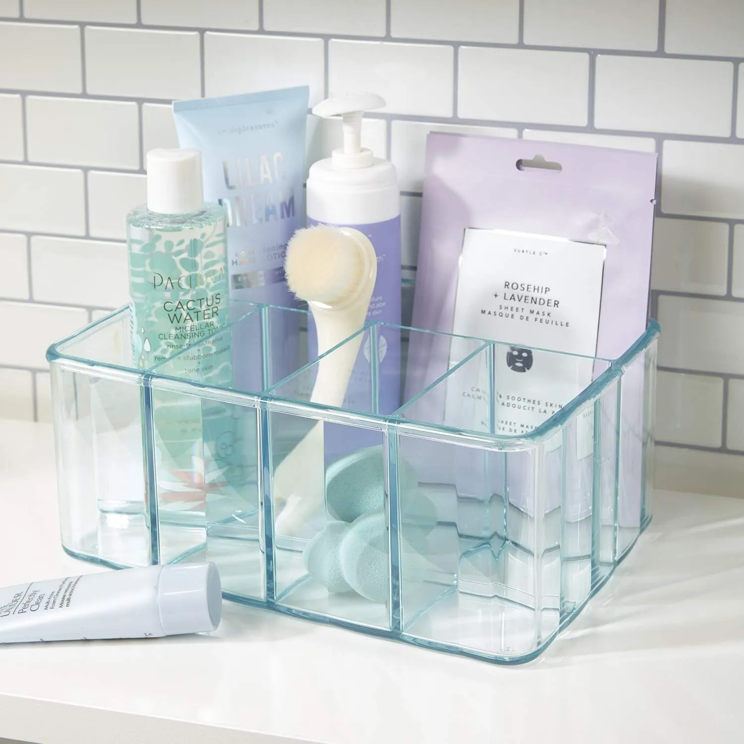 Plastic Vanity Organizer | 5-Compartments | Storage Bin for Makeup Brushes, Palettes, and Beauty Supplies | Keep Bath Products Organized on a Counter or under the Sink | Ocean Mist
