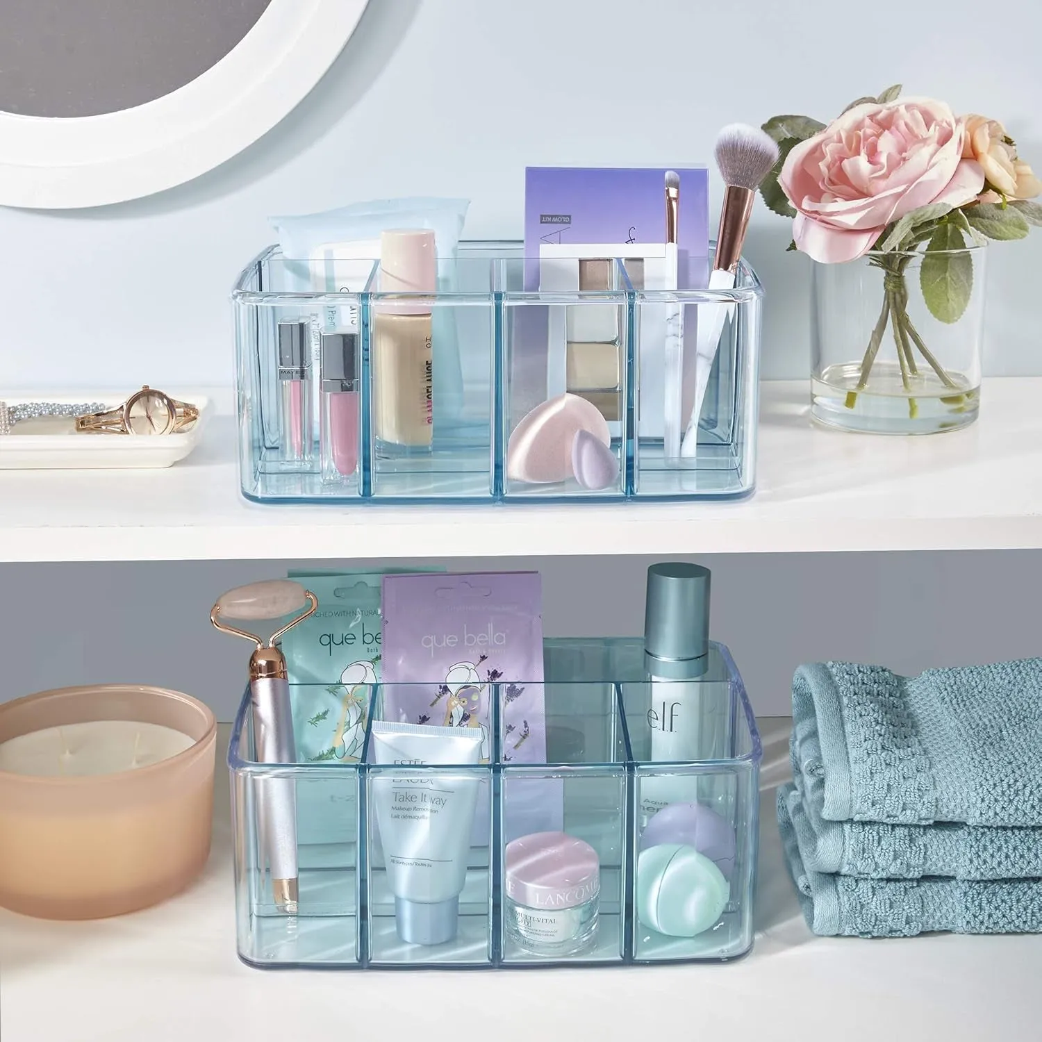 Plastic Vanity Organizer | 5-Compartments | Storage Bin for Makeup Brushes, Palettes, and Beauty Supplies | Keep Bath Products Organized on a Counter or under the Sink | Ocean Mist