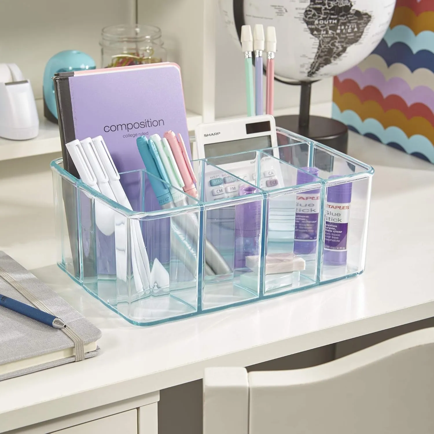 Plastic Vanity Organizer | 5-Compartments | Storage Bin for Makeup Brushes, Palettes, and Beauty Supplies | Keep Bath Products Organized on a Counter or under the Sink | Ocean Mist