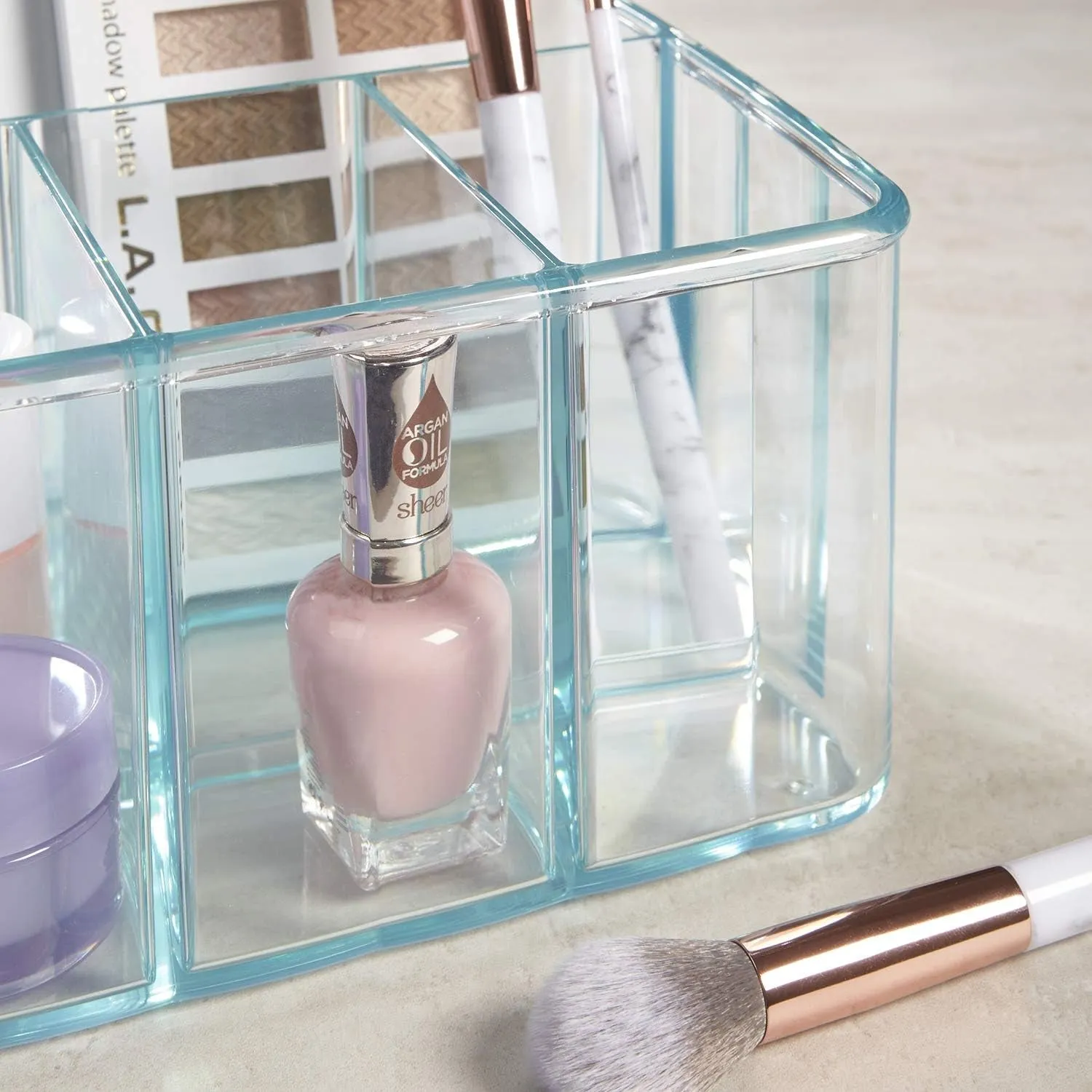 Plastic Vanity Organizer | 5-Compartments | Storage Bin for Makeup Brushes, Palettes, and Beauty Supplies | Keep Bath Products Organized on a Counter or under the Sink | Ocean Mist