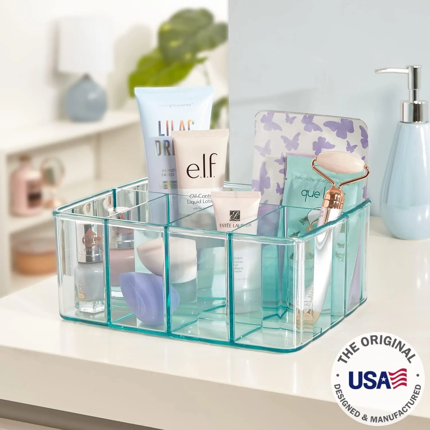 Plastic Vanity Organizer | 5-Compartments | Storage Bin for Makeup Brushes, Palettes, and Beauty Supplies | Keep Bath Products Organized on a Counter or under the Sink | Ocean Mist