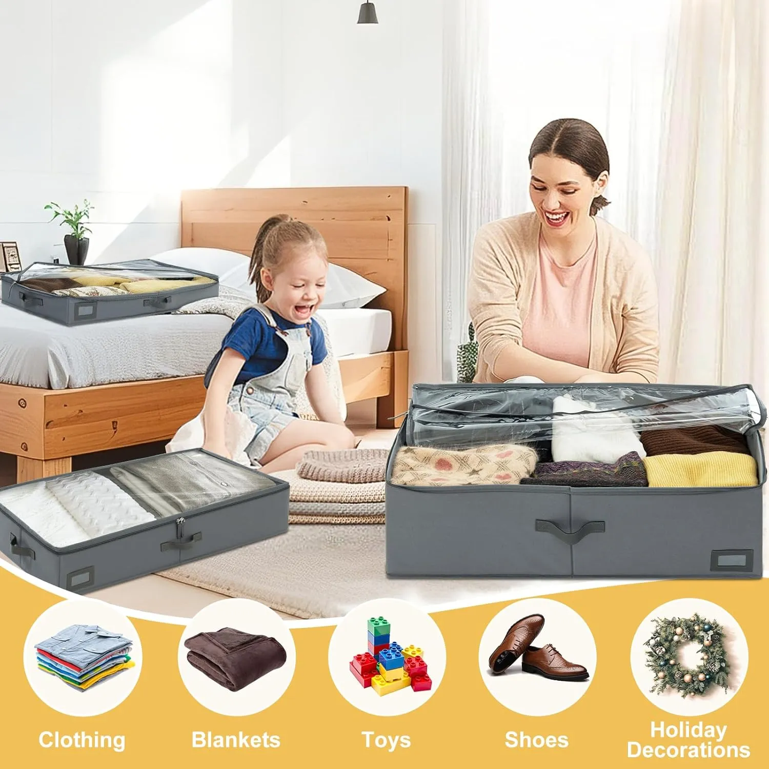 Plumegan 4 Inch Low Profile Under Bed Storage Container, Underbed Storage Bin, Under Crib/Couch Storage, Closet Organizer for Clothes, Blanket, Wrapping Paper, Yarn, Sweater, Stuffed Animal, Bedding