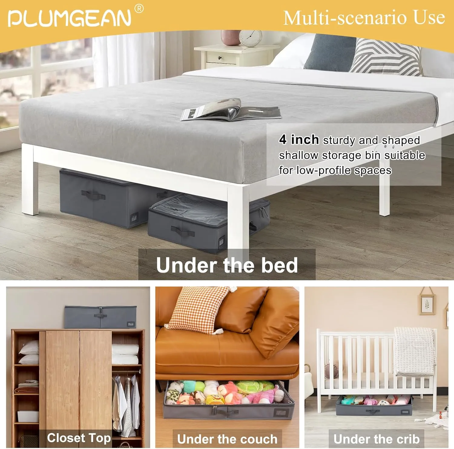 Plumegan 4 Inch Low Profile Under Bed Storage Container, Underbed Storage Bin, Under Crib/Couch Storage, Closet Organizer for Clothes, Blanket, Wrapping Paper, Yarn, Sweater, Stuffed Animal, Bedding