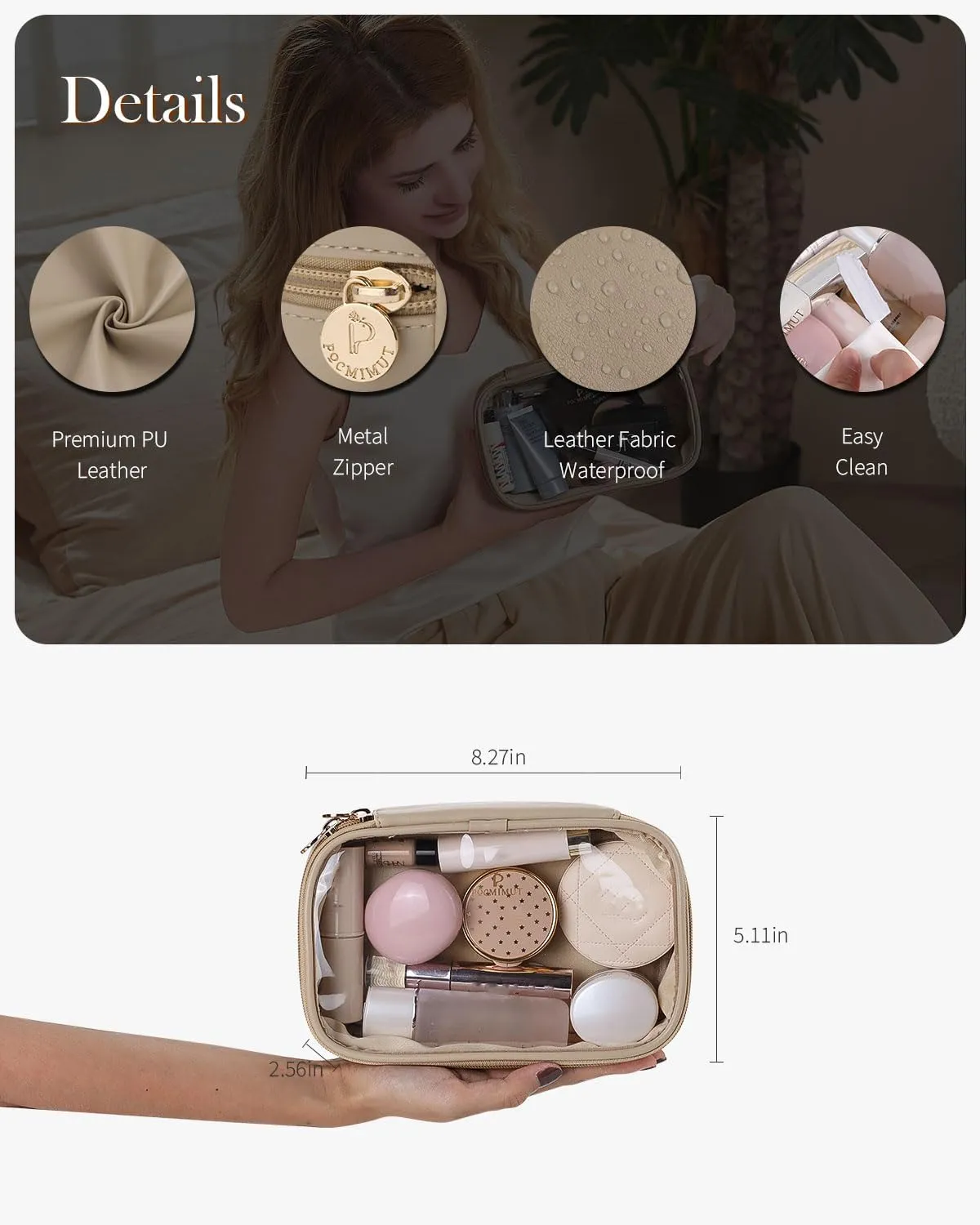 Pocmimut Clear Makeup Bags,Small Makeup Pouch with Large Cosmetic Bag Car Accessories Storage for Women,Travel Essentials Organizers,Apricot