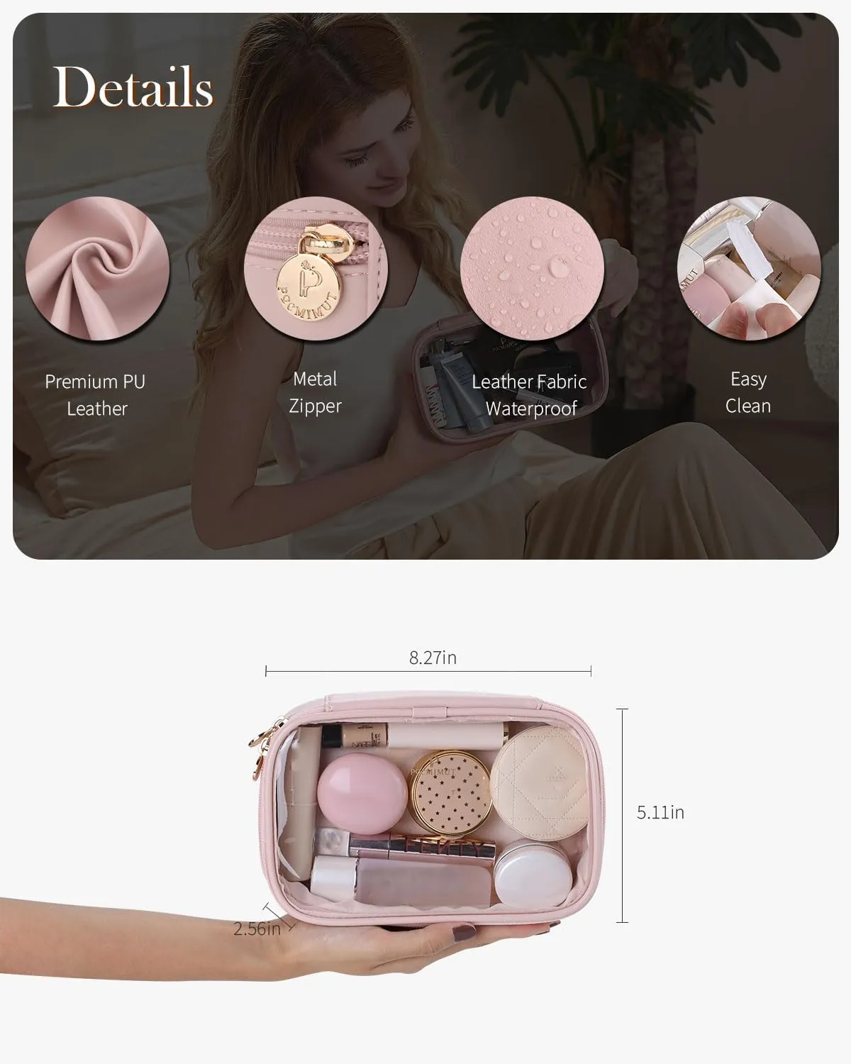Pocmimut Clear Makeup Bags,Small Makeup Pouch with Large Cosmetic Bag Toiletry Bag Storage for Women,Travel Essentials Organizers,Pink