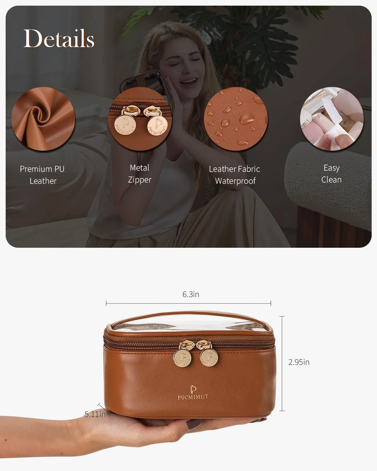 Pocmimut Makeup Bag,Clear Cosmetic Bag Travel Makeup Pouch Car Accessories for Women,Travel Essentials Toiletry Bag Organizers,Brown