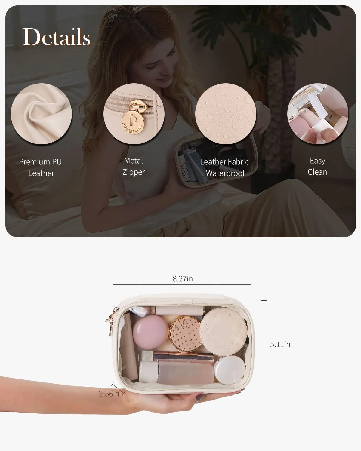 Pocmimut Makeup Bag,Mini Makeup Pouch with Small Toiletry Bag for Car Accessories for Women,Travel Essentials Organizers,Begie