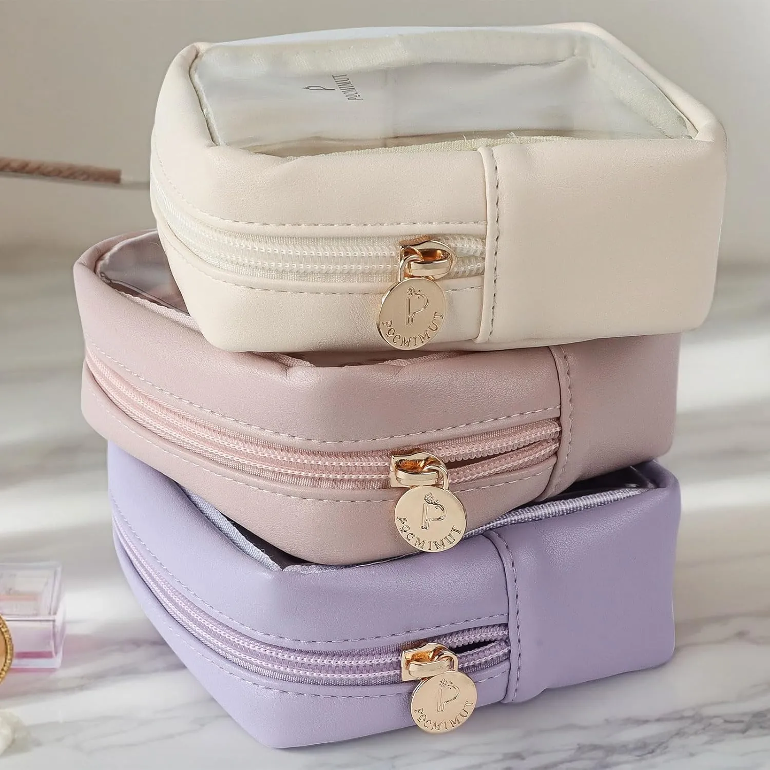 Pocmimut Makeup Bag,Mini Makeup Pouch with Small Toiletry Bag for Car Accessories for Women,Travel Essentials Organizers,Begie
