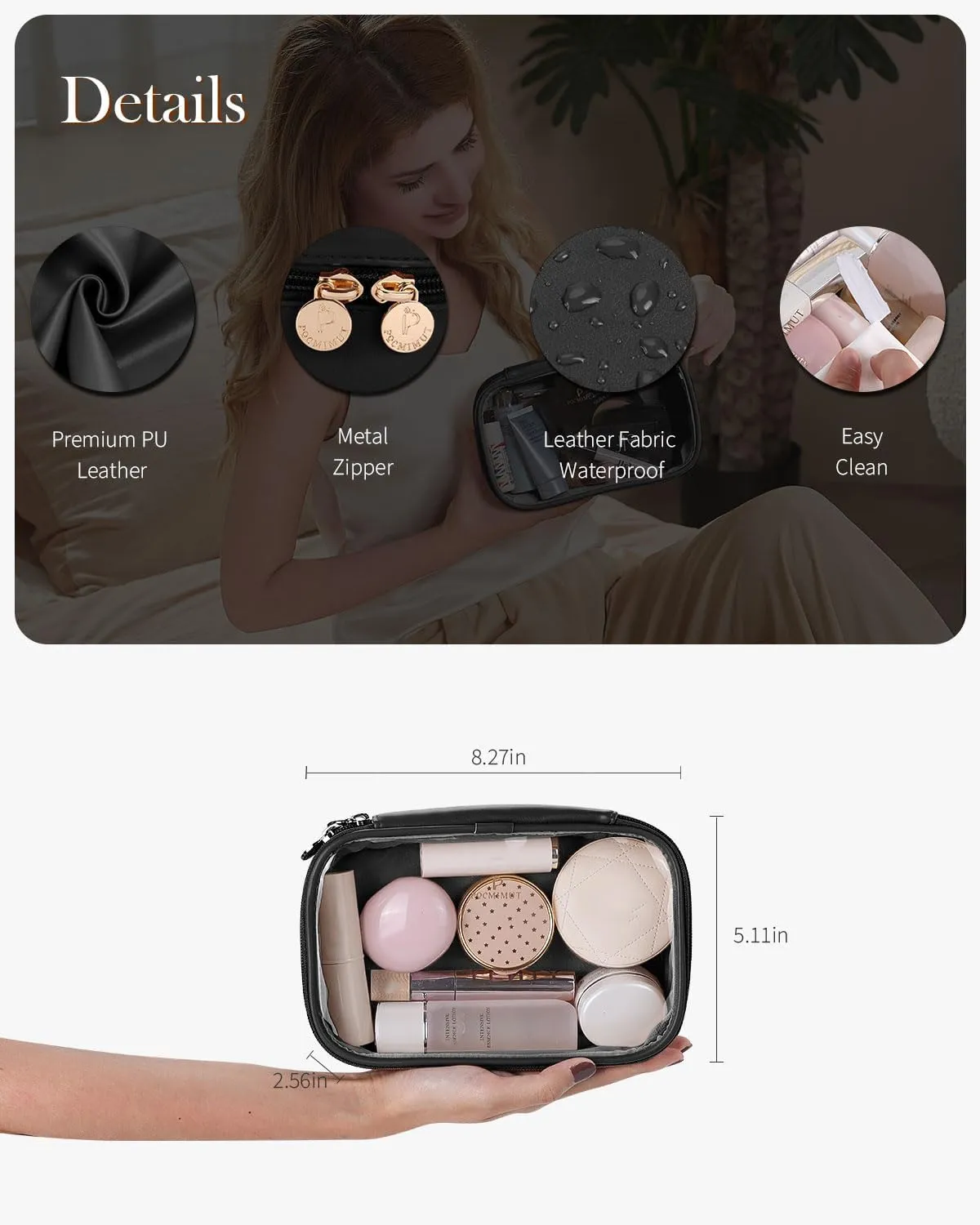 Pocmimut Makeup Bag,Mini Makeup Pouch with Small Toiletry Bag for Car Accessories for Women,Travel Essentials Organizers,Black