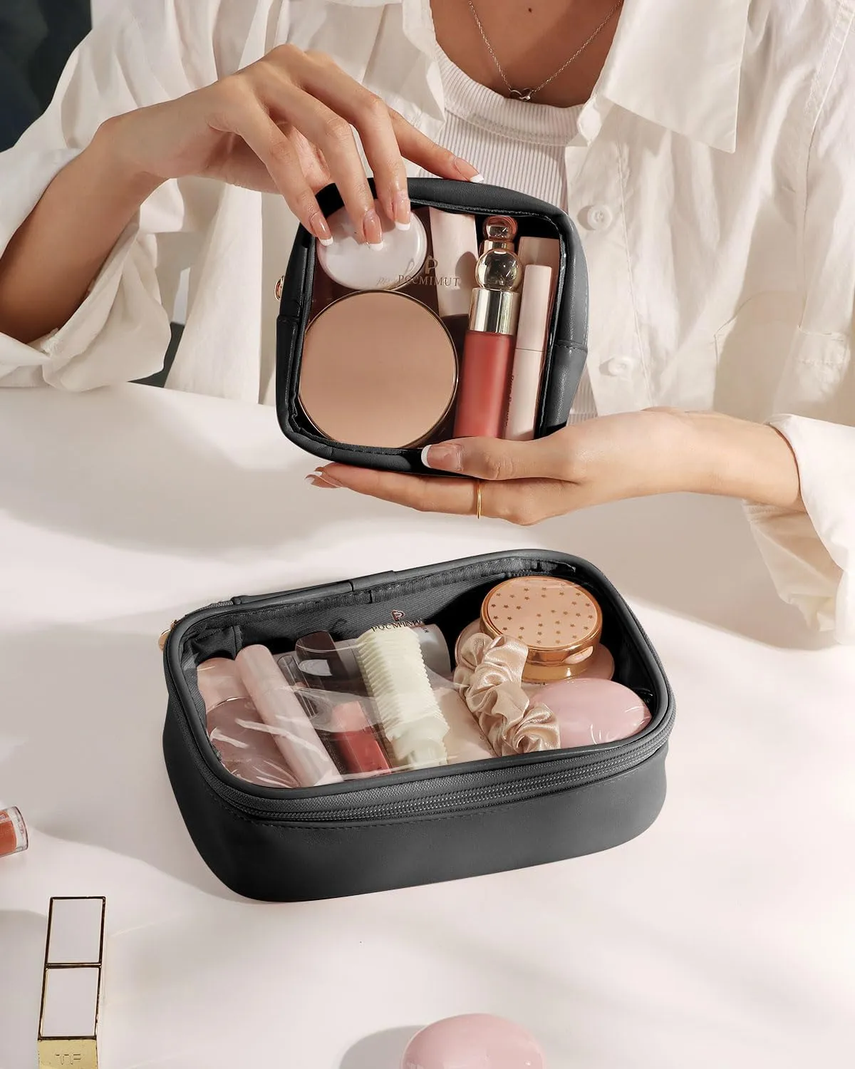 Pocmimut Makeup Bag,Mini Makeup Pouch with Small Toiletry Bag for Car Accessories for Women,Travel Essentials Organizers,Black