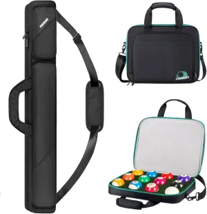 Pool Cue Case, 2x2 Holds 2 Sticks with 2 Accessory Zipper Pockets and Pool Ball Case, Padded Billiard Carrying Bag Travel Storage Box