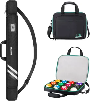 Pool Cue Case, Soft Pool Stick Case 1x1 Holds 1 Butt and 1 Shaft and Pool Ball Case, Padded Billiard Carrying Bag Travel Storage Box, Holder for 12 Billiards Balls