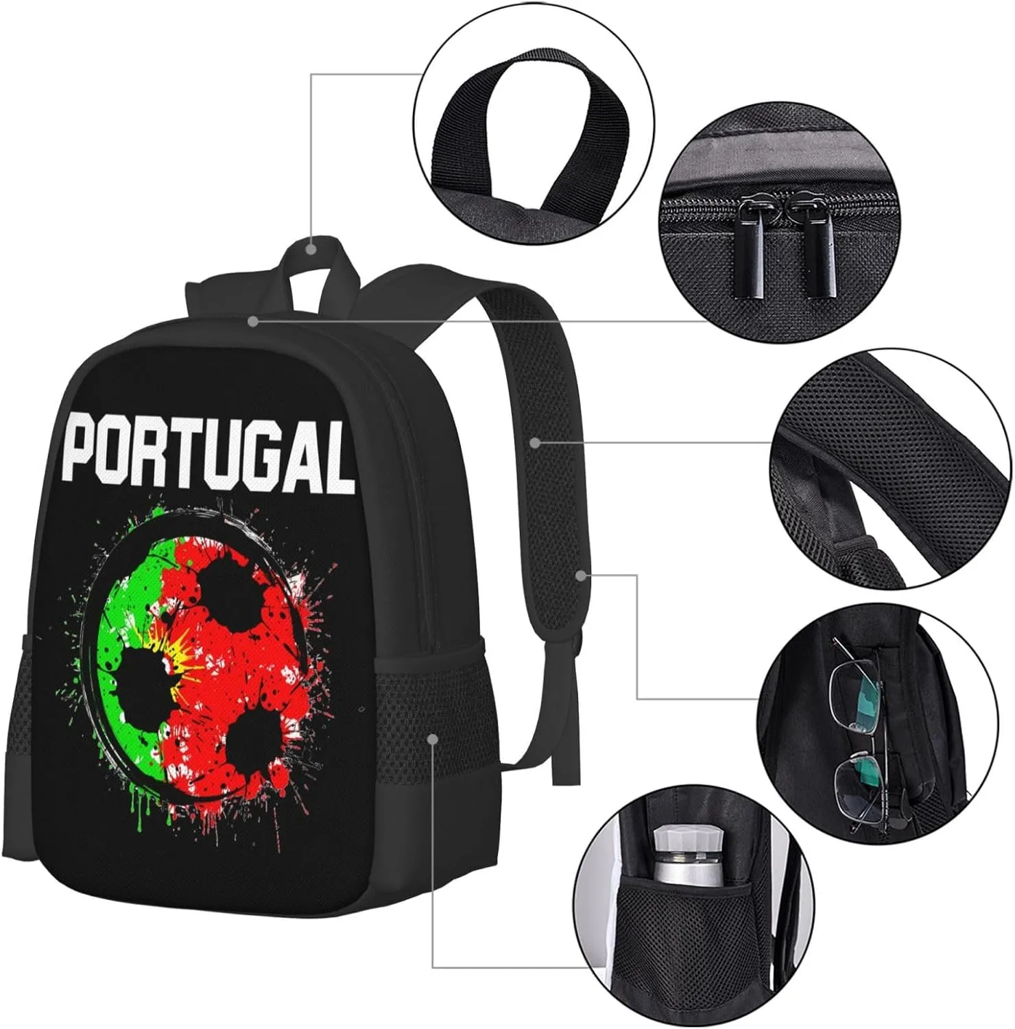 Portugal Soccer Portuguese Football Flag Travel Backpack Casual Backpacks 15 Inch Laptop Back Pack Lightweight Rucksack Outdoor Sport Daypack Large Bags for Working Camping Hiking