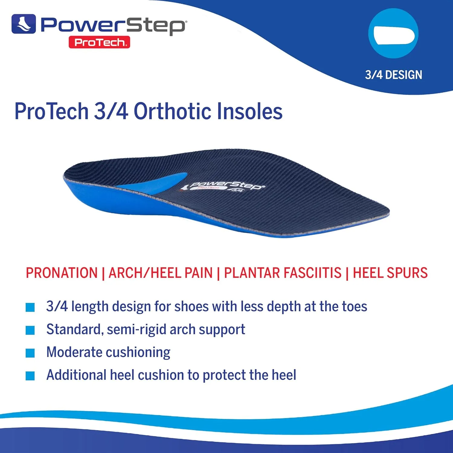 PowerStep ProTech 3/4 Orthotic Insoles - Medical Grade Arch Support Inserts for Plantar Fasciitis Relief- Made in USA - Maximum Cushioning   ShockAbsorb Orthotics (M 10-10.5 W 12-12.5)