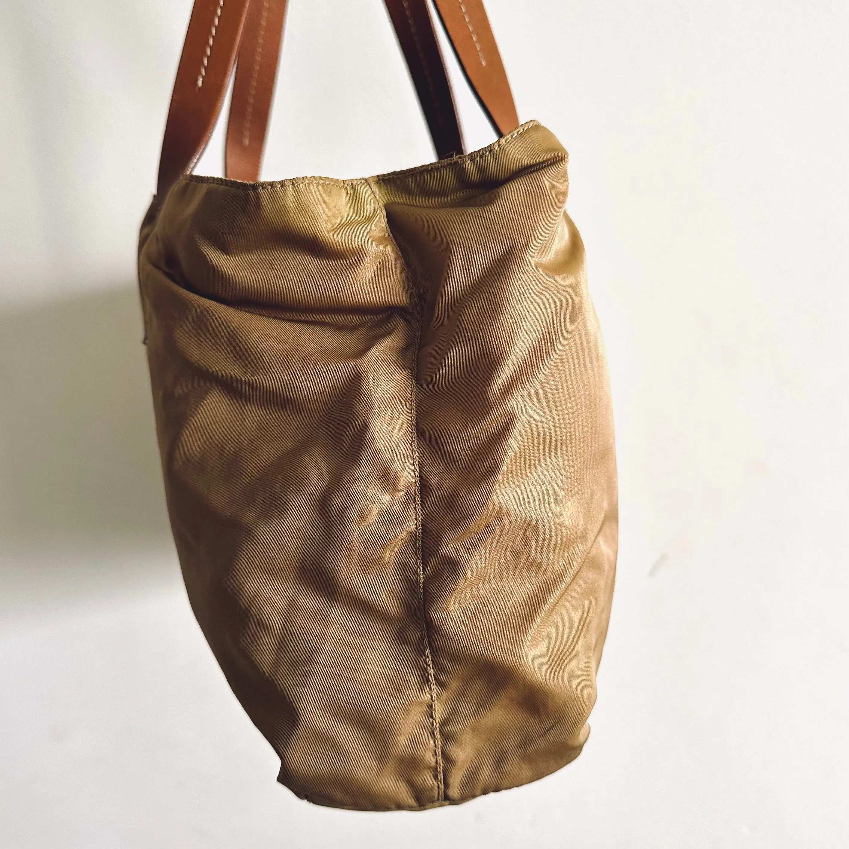 Prada Beige Khaki Logo Nylon & Leather Classic Shopper Shoulder Tote Bag