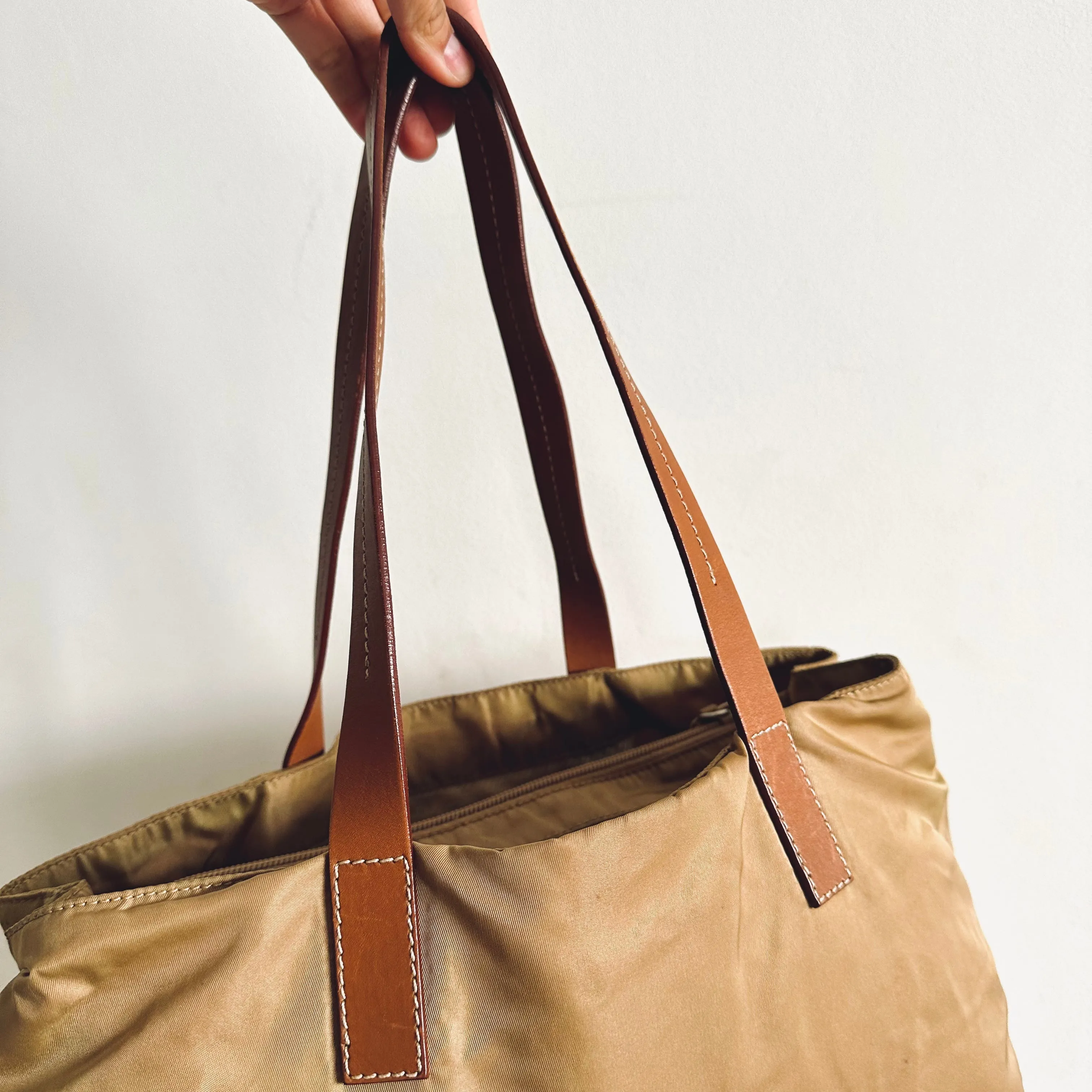 Prada Beige Khaki Logo Nylon & Leather Classic Shopper Shoulder Tote Bag