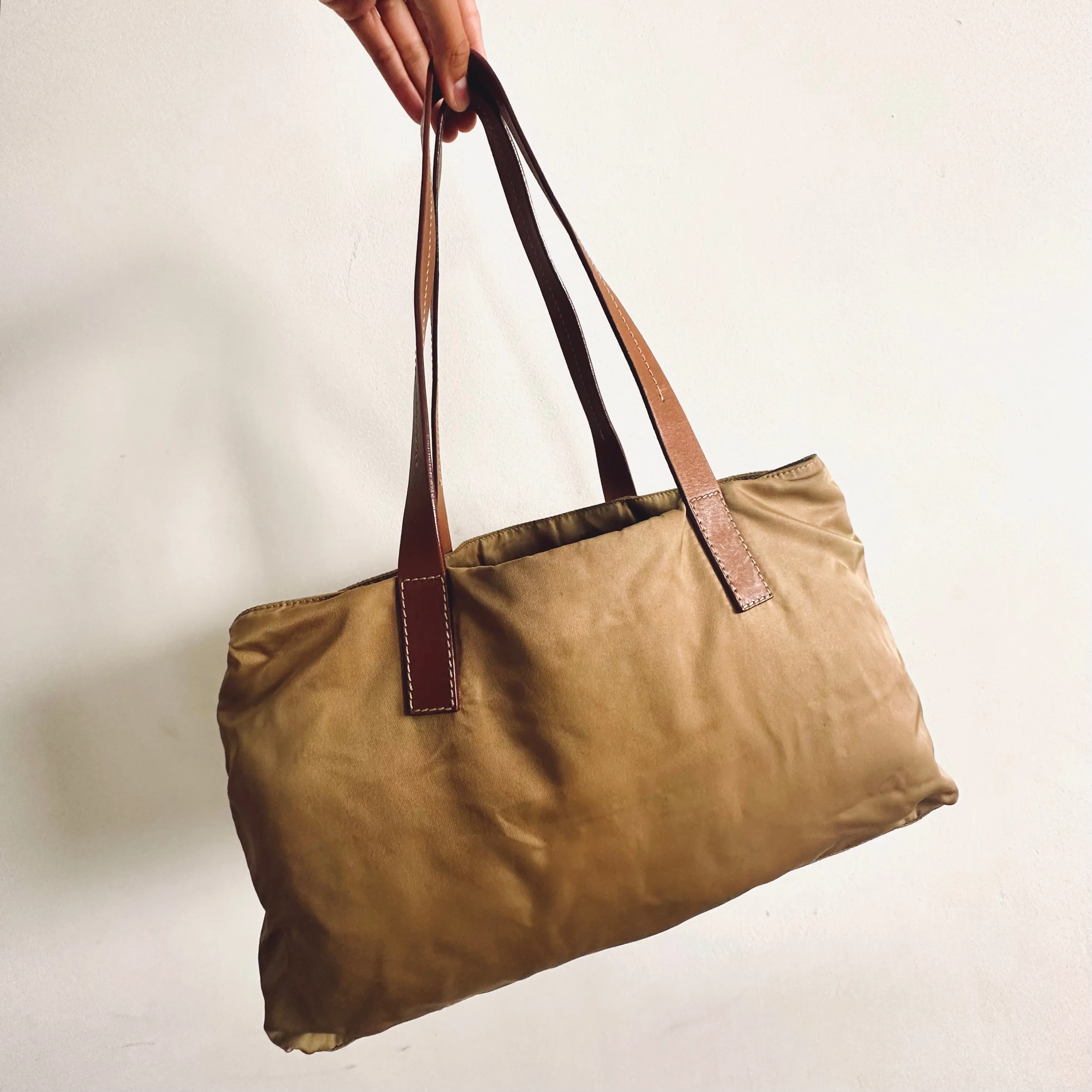 Prada Beige Khaki Logo Nylon & Leather Classic Shopper Shoulder Tote Bag