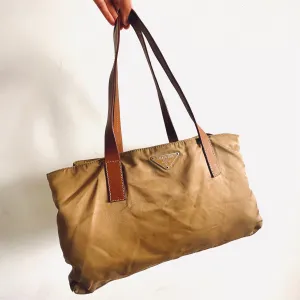 Prada Beige Khaki Logo Nylon & Leather Classic Shopper Shoulder Tote Bag