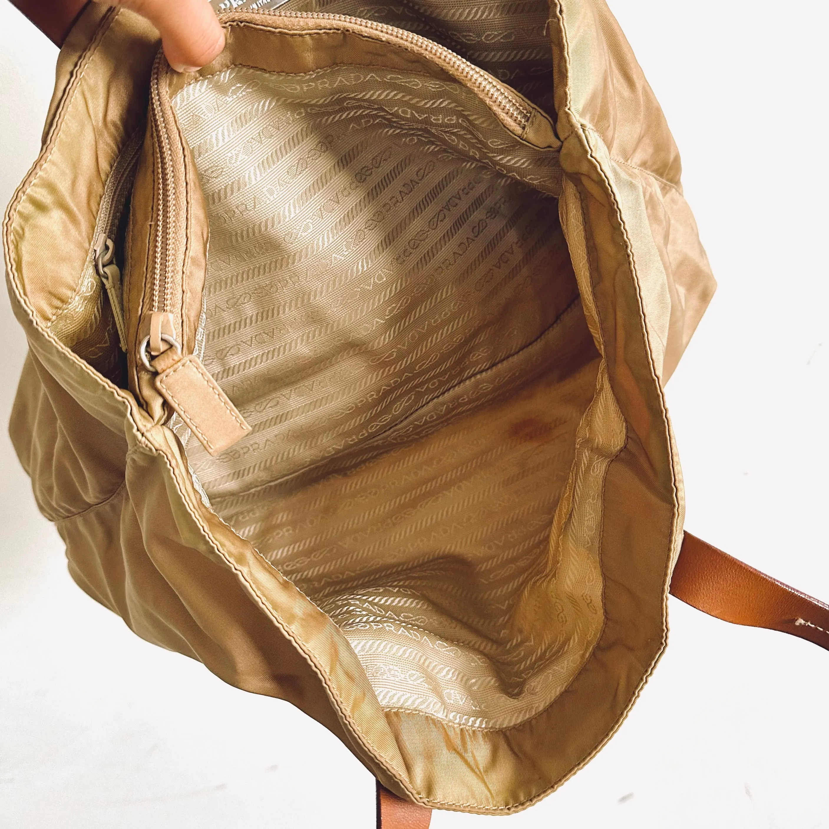 Prada Beige Khaki Logo Nylon & Leather Classic Shopper Shoulder Tote Bag