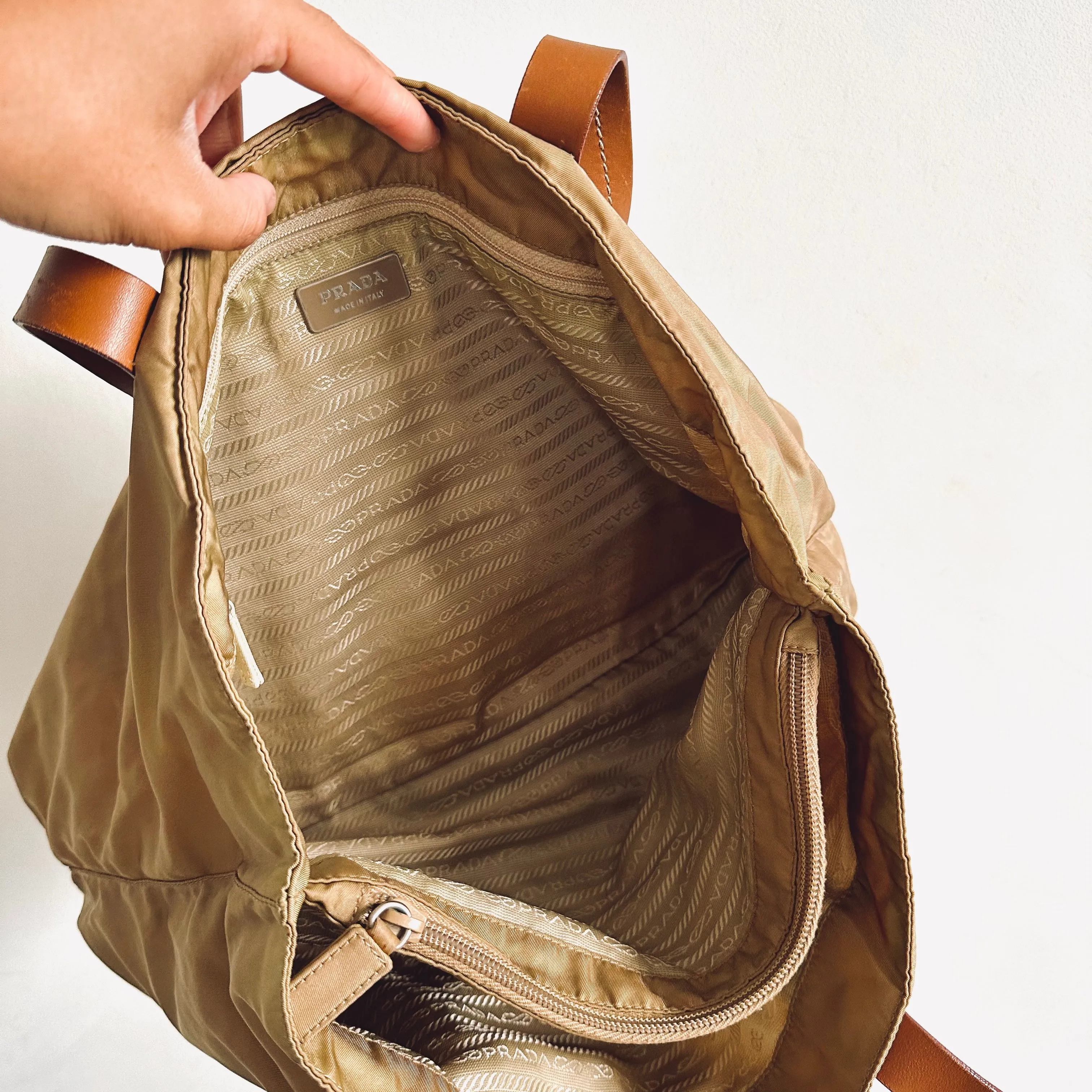 Prada Beige Khaki Logo Nylon & Leather Classic Shopper Shoulder Tote Bag