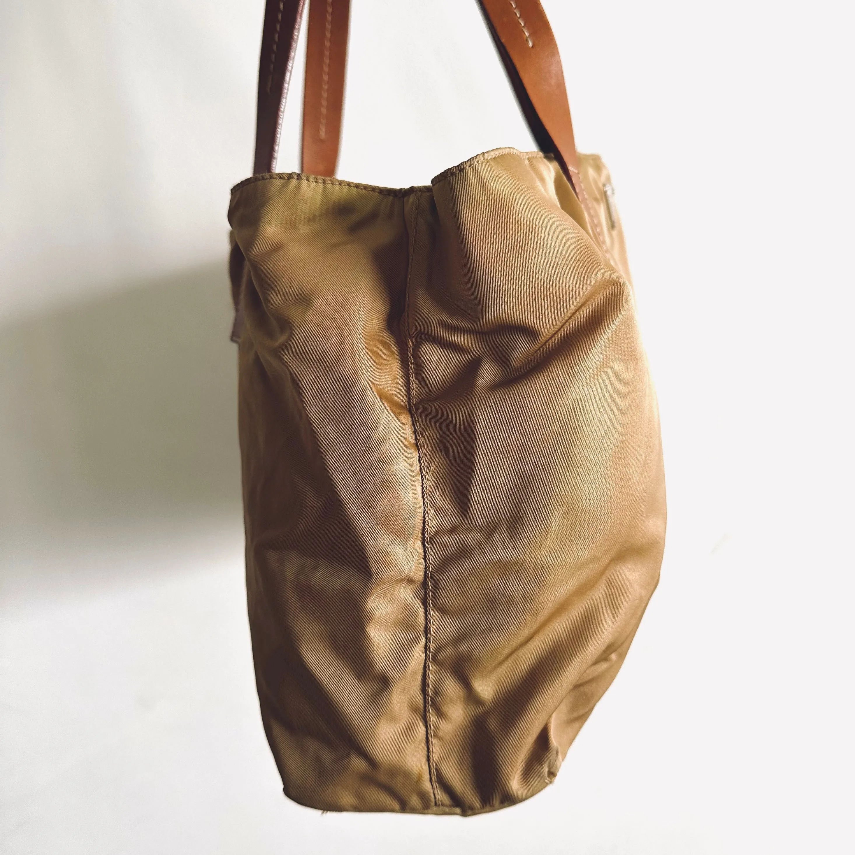 Prada Beige Khaki Logo Nylon & Leather Classic Shopper Shoulder Tote Bag