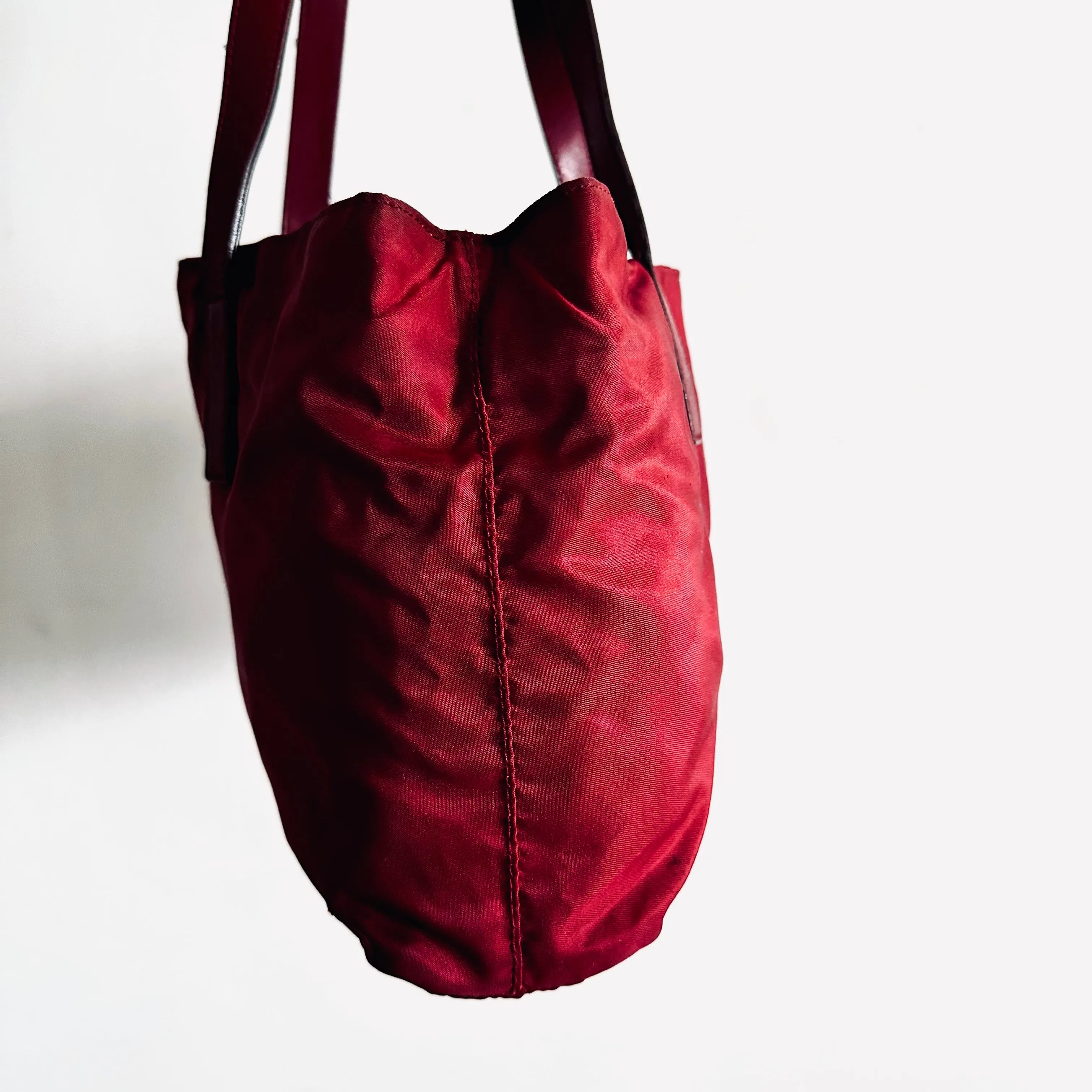 Prada Deep Maroon Red Logo Nylon & Leather Classic Wide Shopper Shoulder Tote Bag