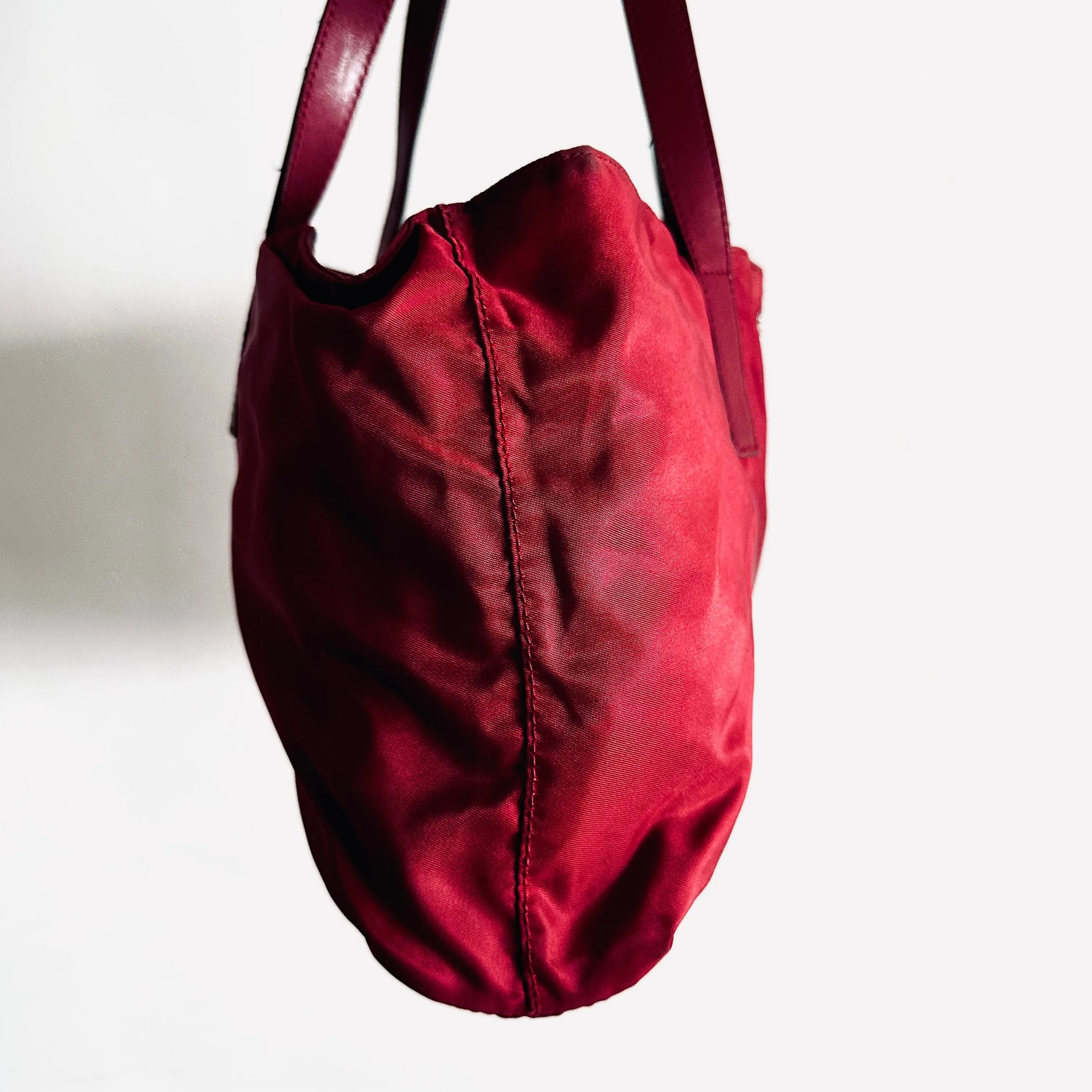 Prada Deep Maroon Red Logo Nylon & Leather Classic Wide Shopper Shoulder Tote Bag