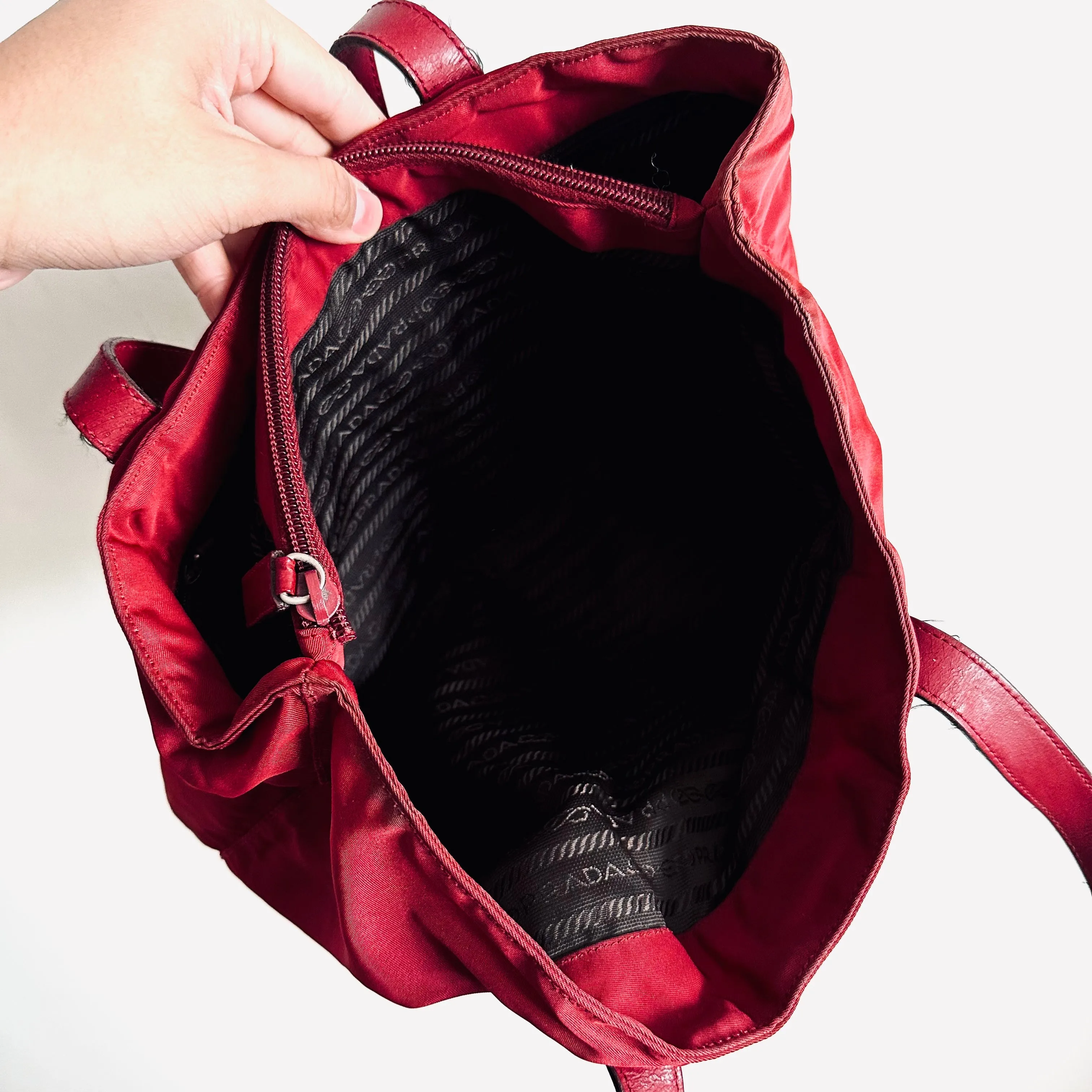 Prada Deep Maroon Red Logo Nylon & Leather Classic Wide Shopper Shoulder Tote Bag