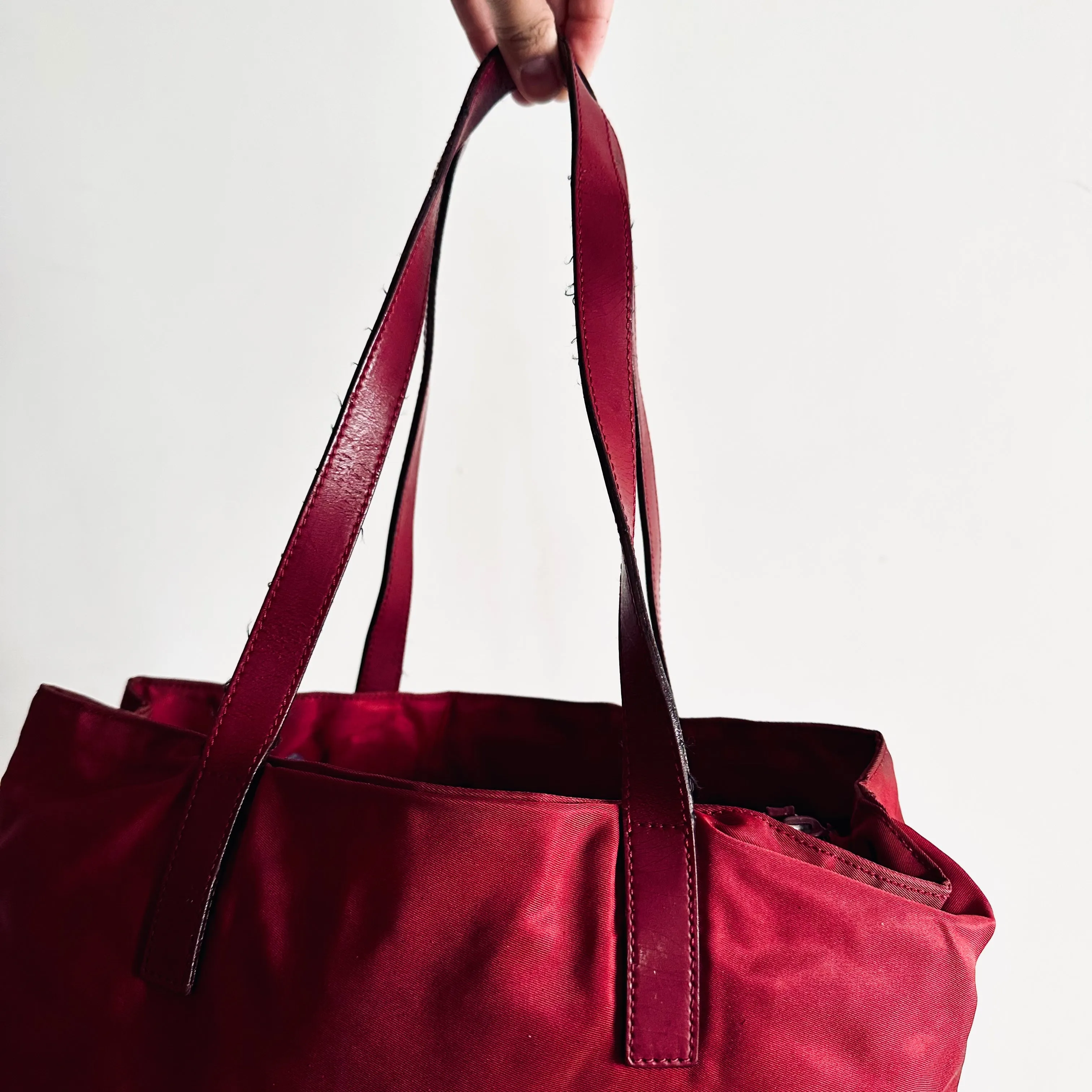 Prada Deep Maroon Red Logo Nylon & Leather Classic Wide Shopper Shoulder Tote Bag