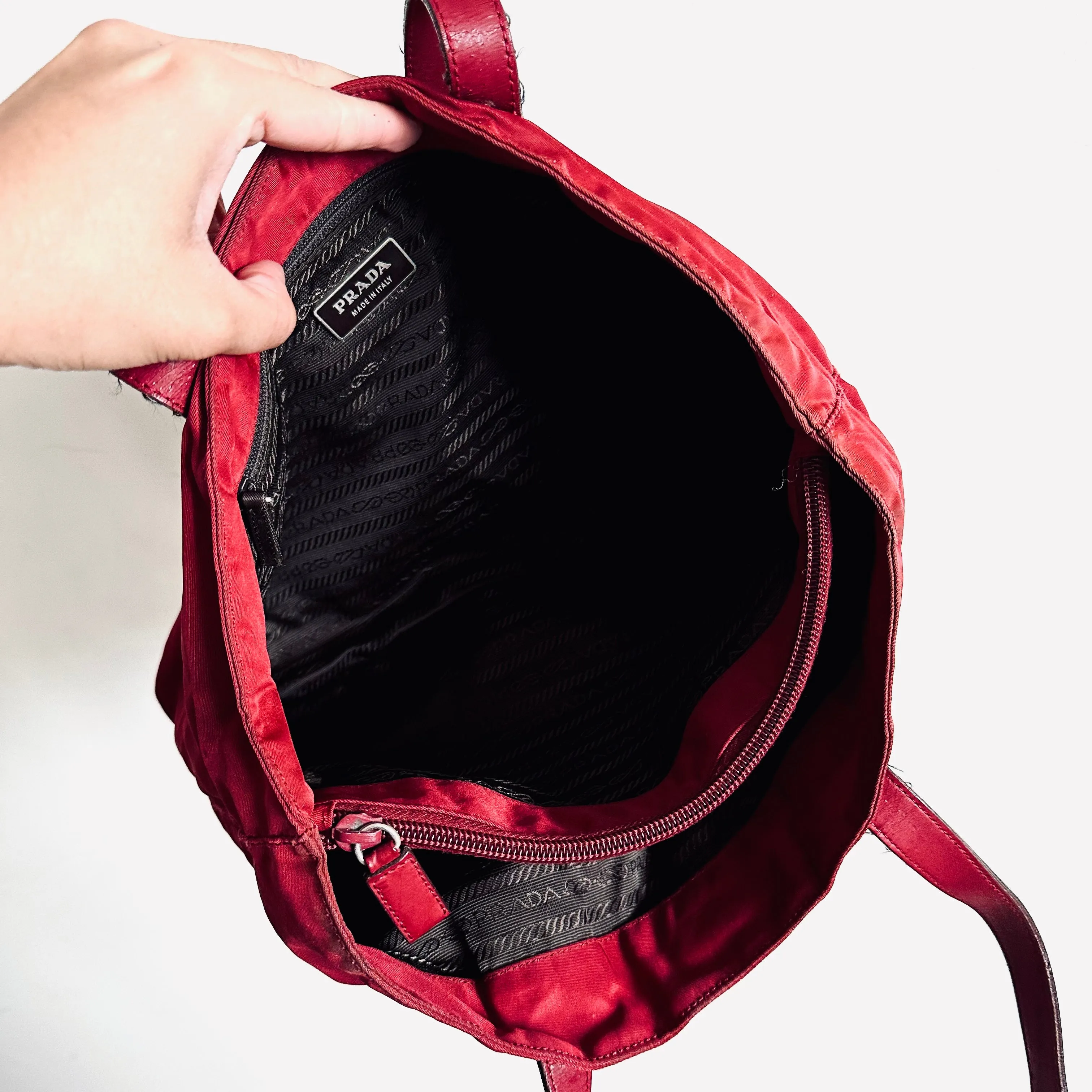 Prada Deep Maroon Red Logo Nylon & Leather Classic Wide Shopper Shoulder Tote Bag