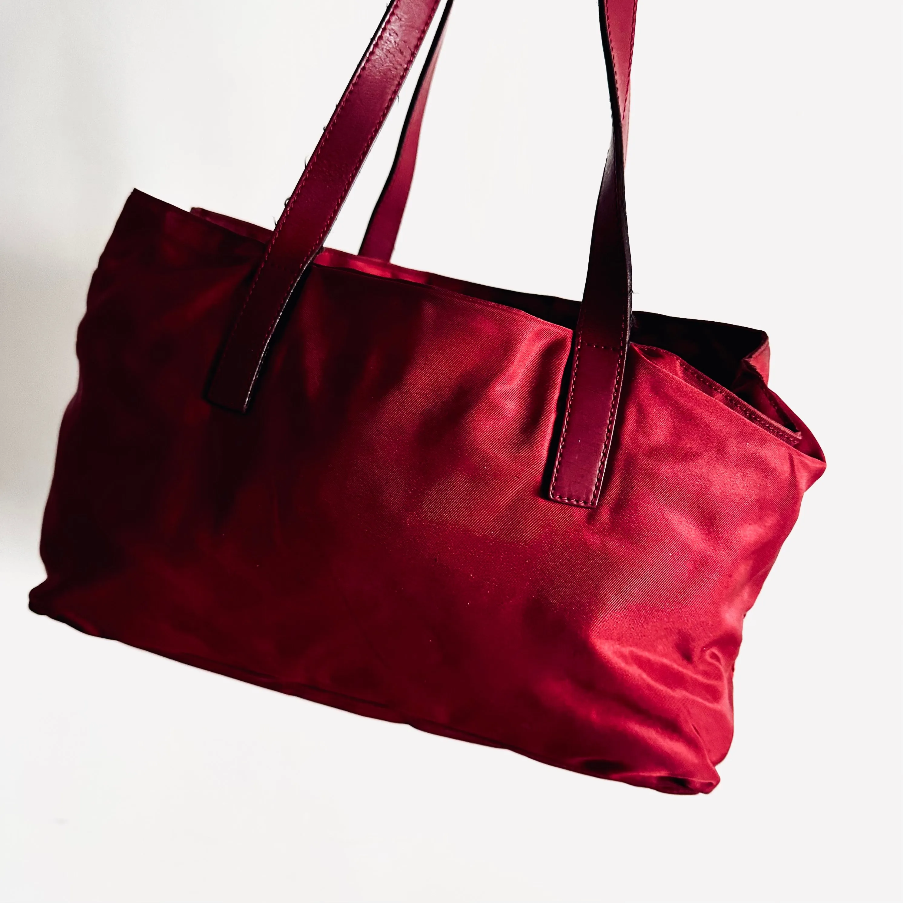 Prada Deep Maroon Red Logo Nylon & Leather Classic Wide Shopper Shoulder Tote Bag