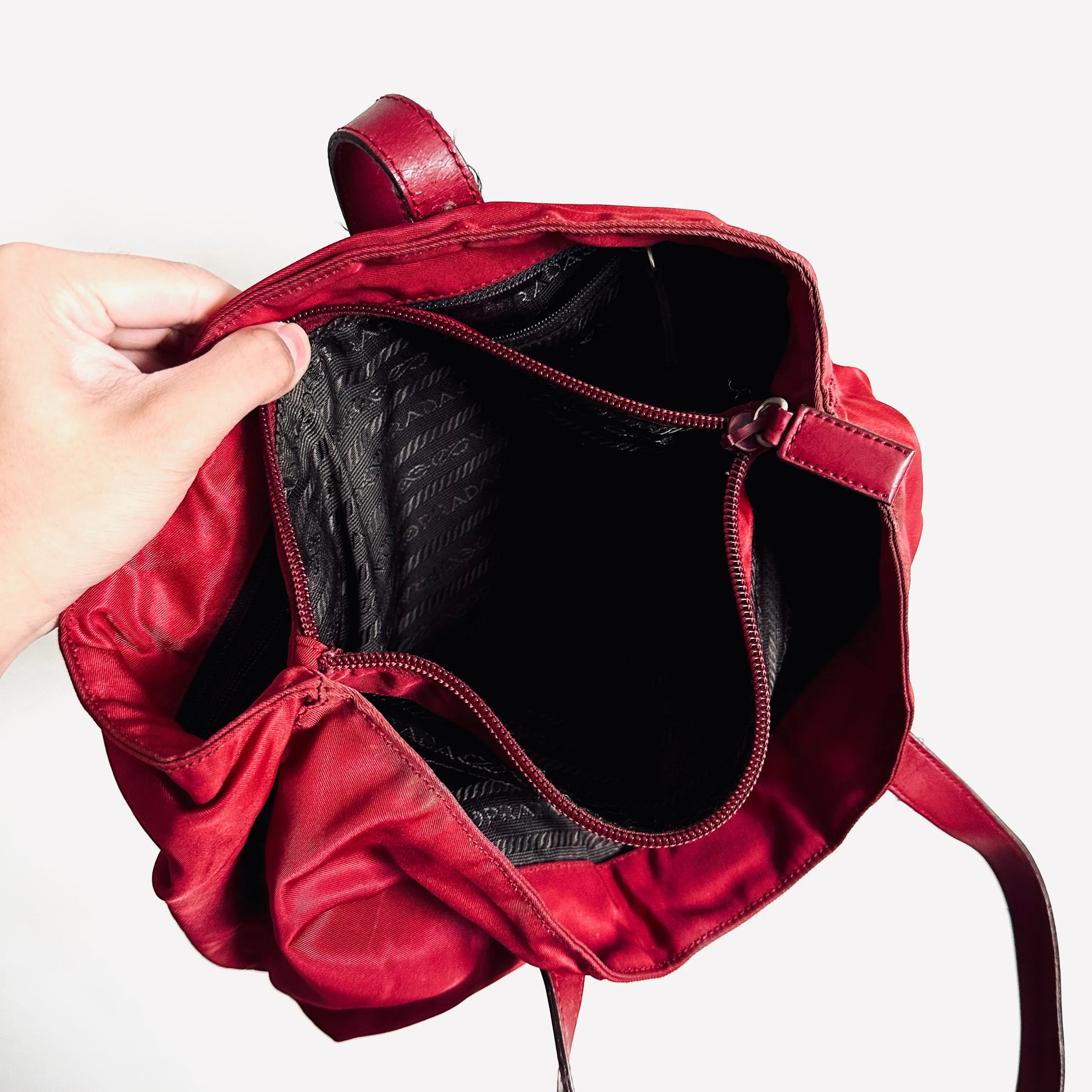 Prada Deep Maroon Red Logo Nylon & Leather Classic Wide Shopper Shoulder Tote Bag
