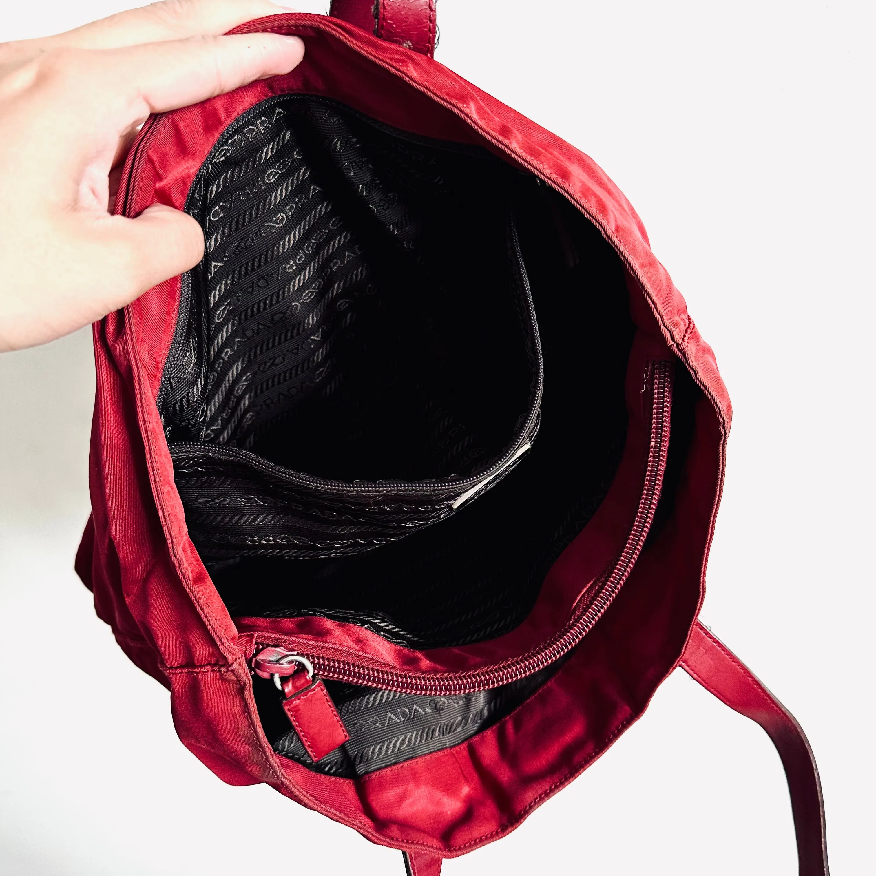 Prada Deep Maroon Red Logo Nylon & Leather Classic Wide Shopper Shoulder Tote Bag