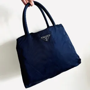 Prada Navy Blue Tessuto Classic Logo Shopper Nylon Shoulder Tote Bag