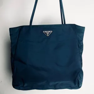 Prada Teal Blue Tessuto City Monogram Logo Nylon Structured Shoulder Shopper Tote Bag