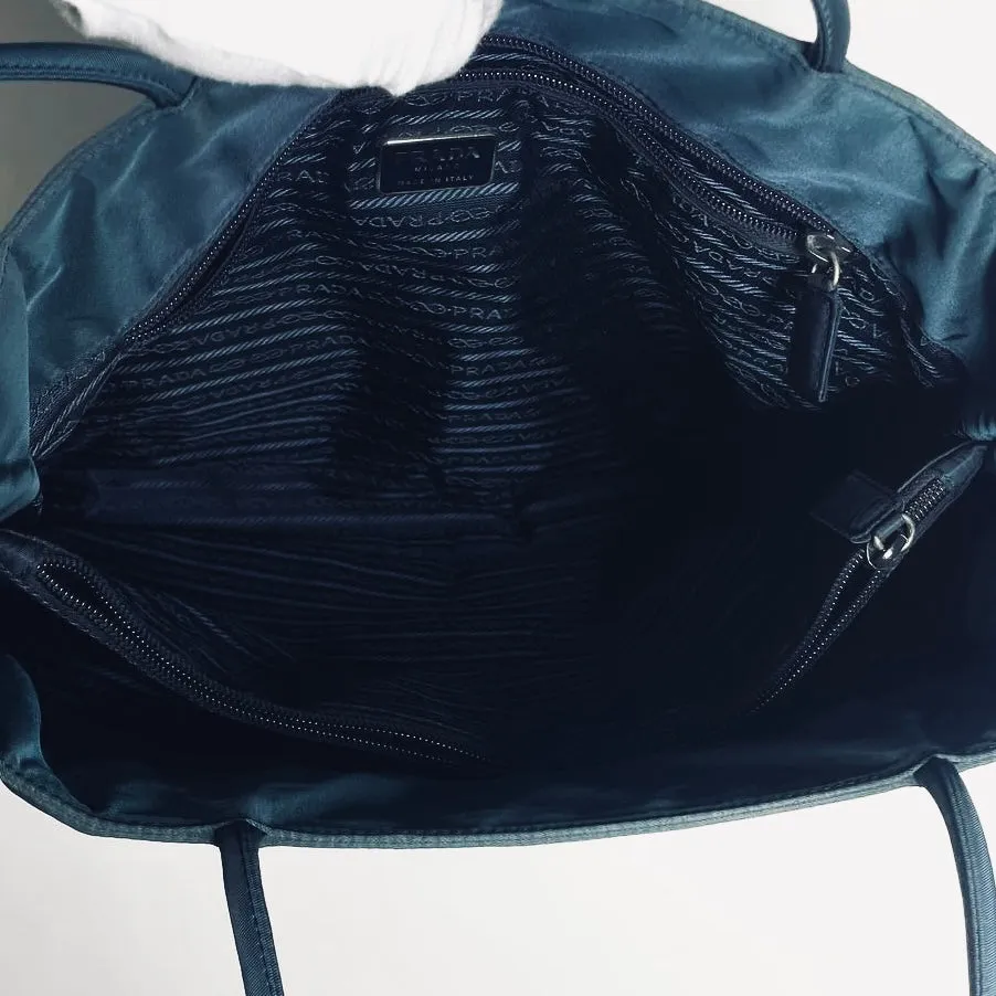 Prada Teal Blue Tessuto City Monogram Logo Nylon Structured Shoulder Shopper Tote Bag