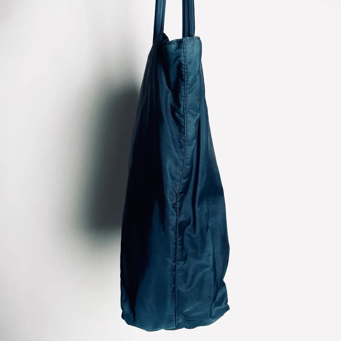 Prada Teal Blue Tessuto City Monogram Logo Nylon Structured Shoulder Shopper Tote Bag