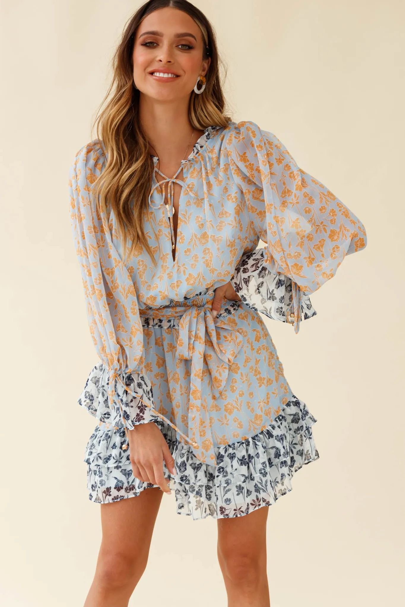 Prague Long Sleeve Ruffle Hem Dress Floral Print Blue/Orange Multi