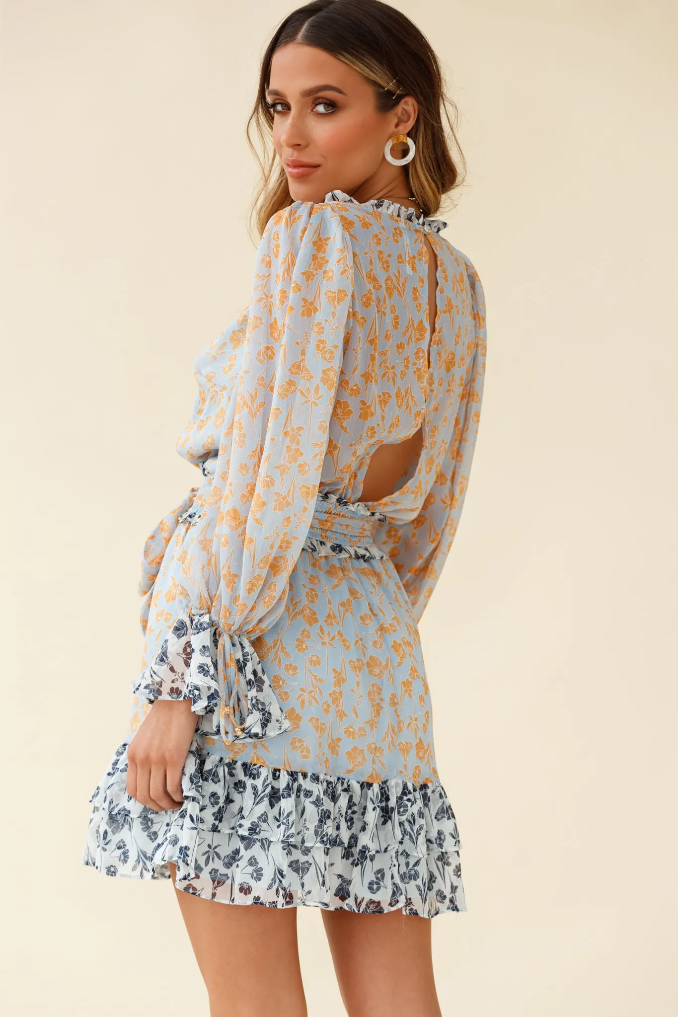 Prague Long Sleeve Ruffle Hem Dress Floral Print Blue/Orange Multi