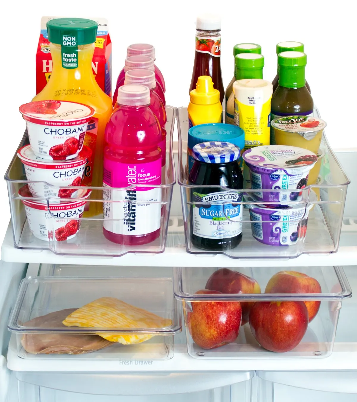 [Premium] Misc Home Refrigerator Organizer Bins - 2 Large Stackable Fridge Organizer Bins with Handles and 2 Nesting Fridge Bins w/ Lids - For Fridge Freezer and Kitchen Pantry Organizer Bins