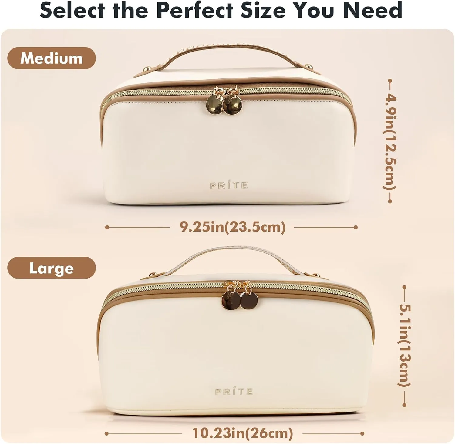 Prite Makeup Bag for Women Travel Waterproof Vegan Leather Cosmetic Bag Open Flat Toiletry Bag With Clear Divider and Handle (Beige)