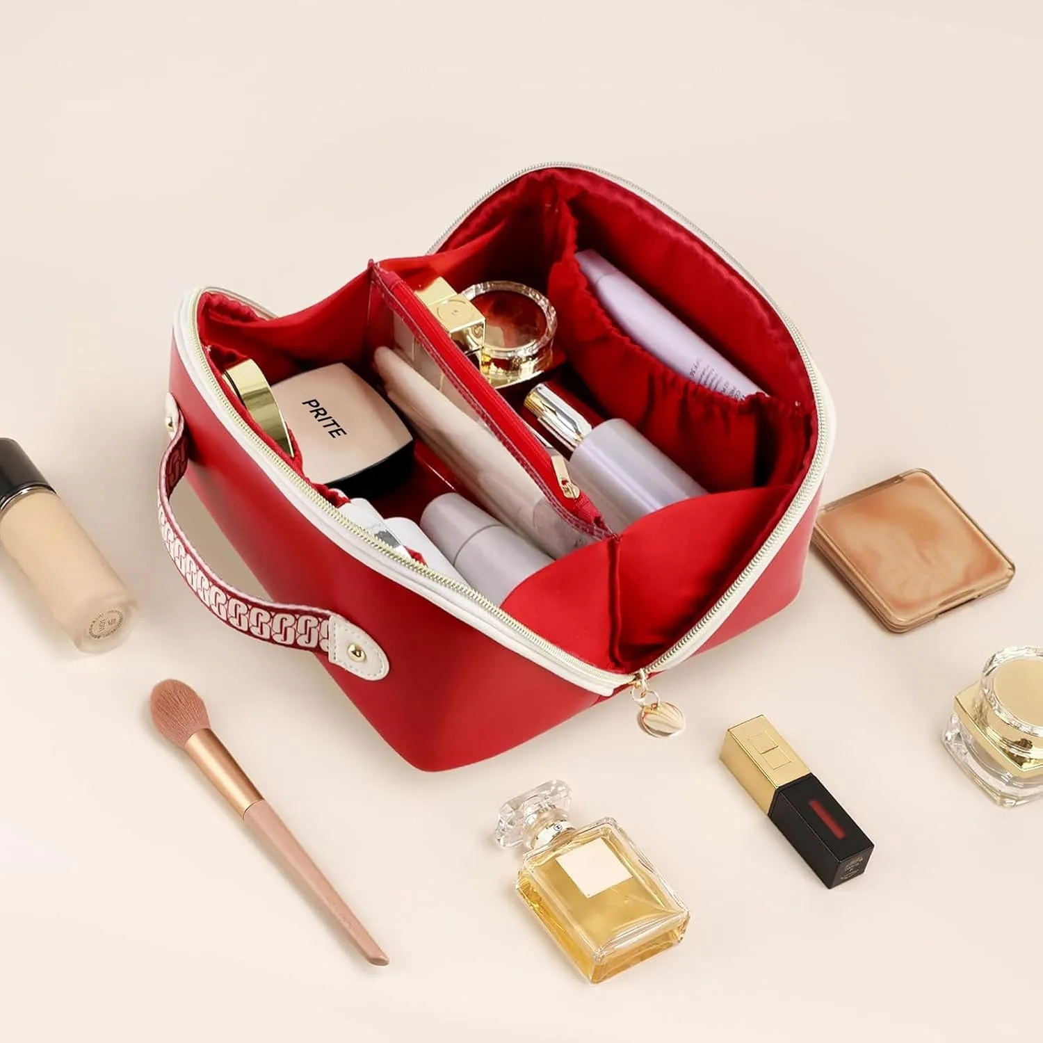 Prite Makeup Bag for Women Travel Waterproof Vegan Leather Cosmetic Bag Open Flat Toiletry Bag With Clear Divider and Handle (Red)