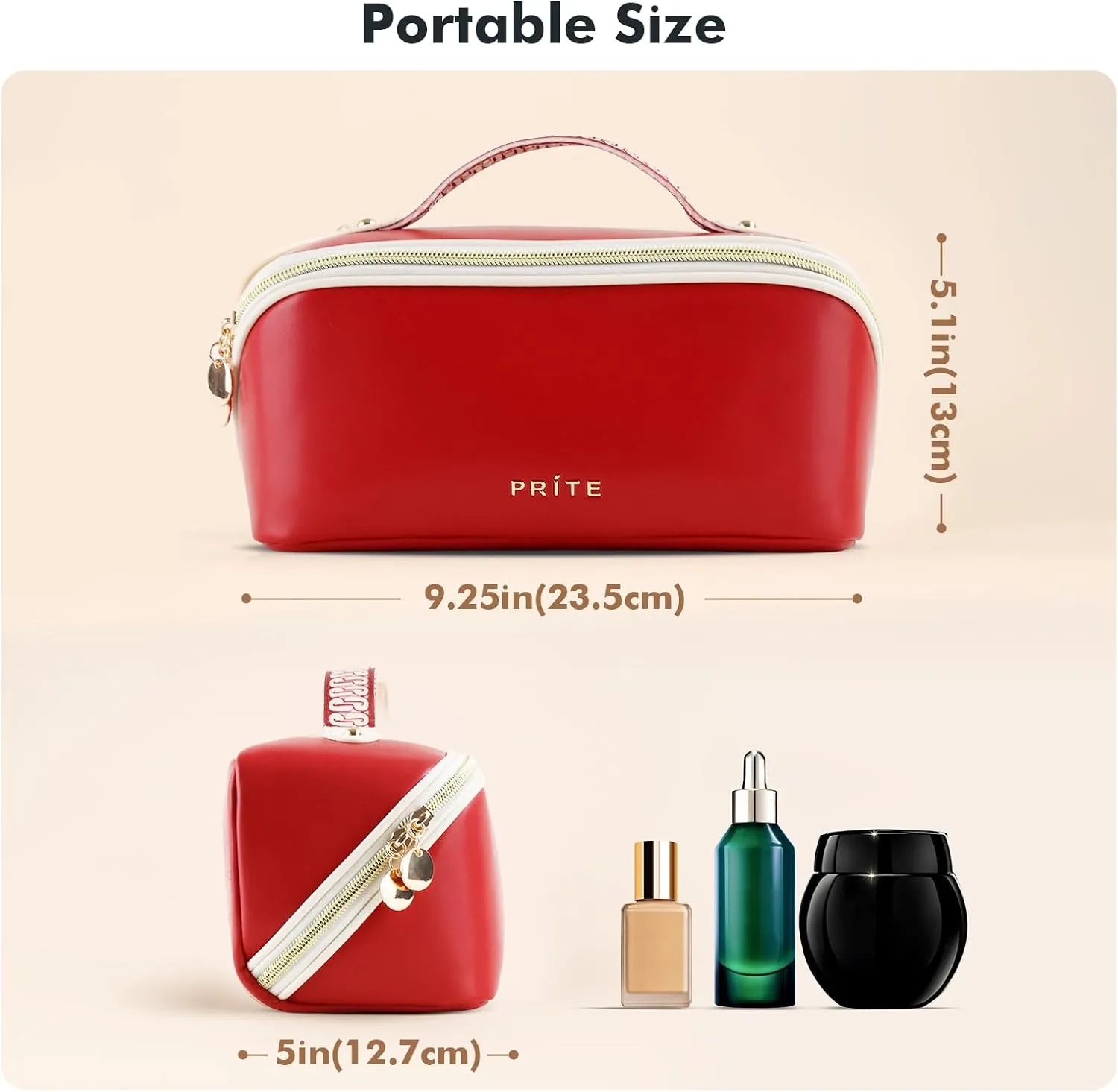 Prite Makeup Bag for Women Travel Waterproof Vegan Leather Cosmetic Bag Open Flat Toiletry Bag With Clear Divider and Handle (Red)