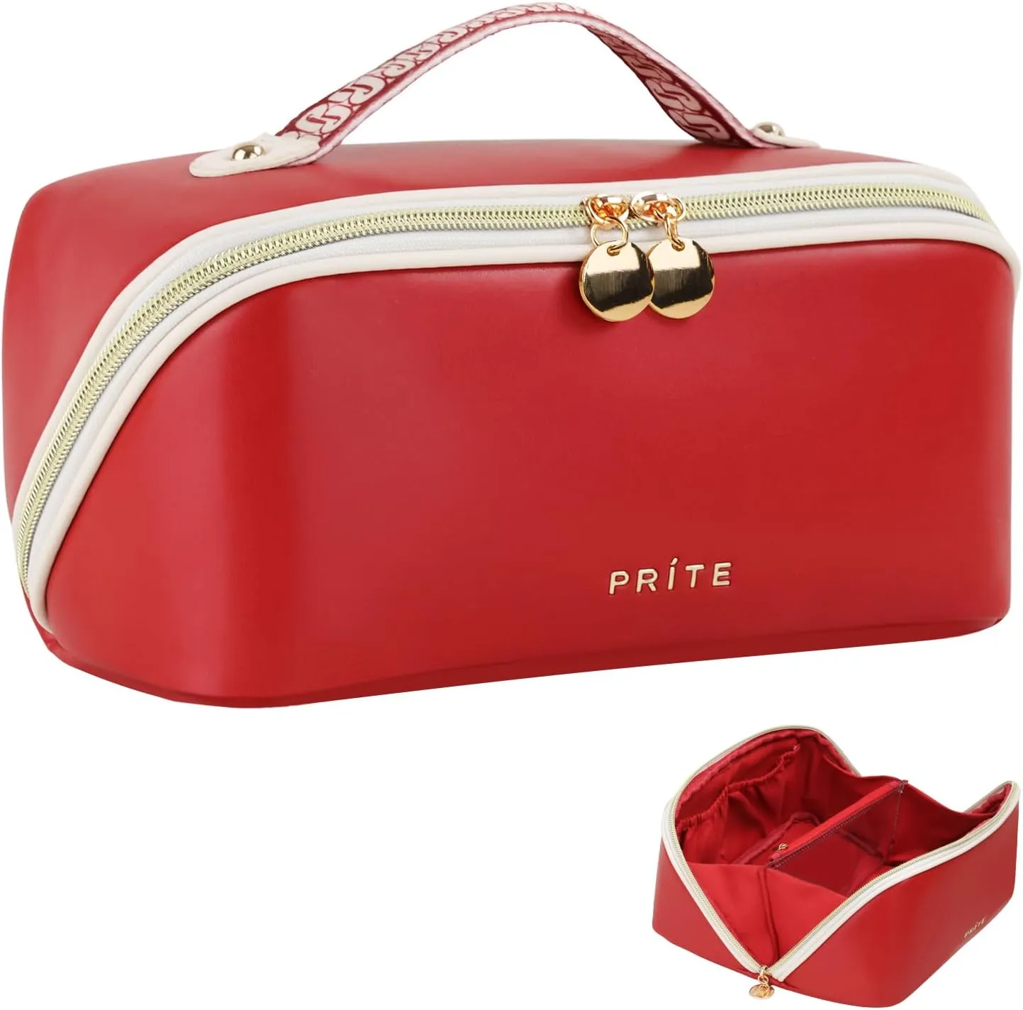 Prite Makeup Bag for Women Travel Waterproof Vegan Leather Cosmetic Bag Open Flat Toiletry Bag With Clear Divider and Handle (Red)